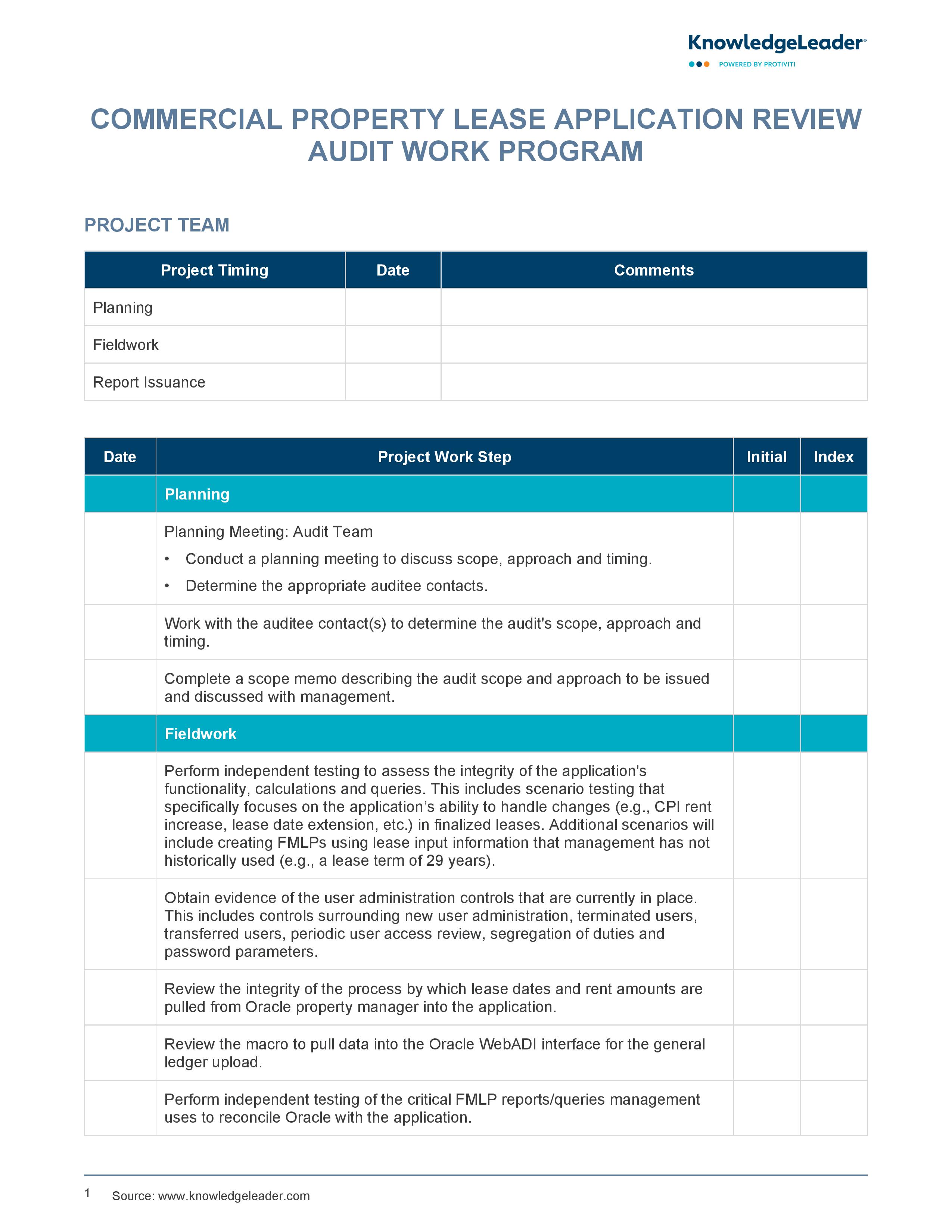 screenshot of the first page of Commercial Property Lease Application Audit Work Program
