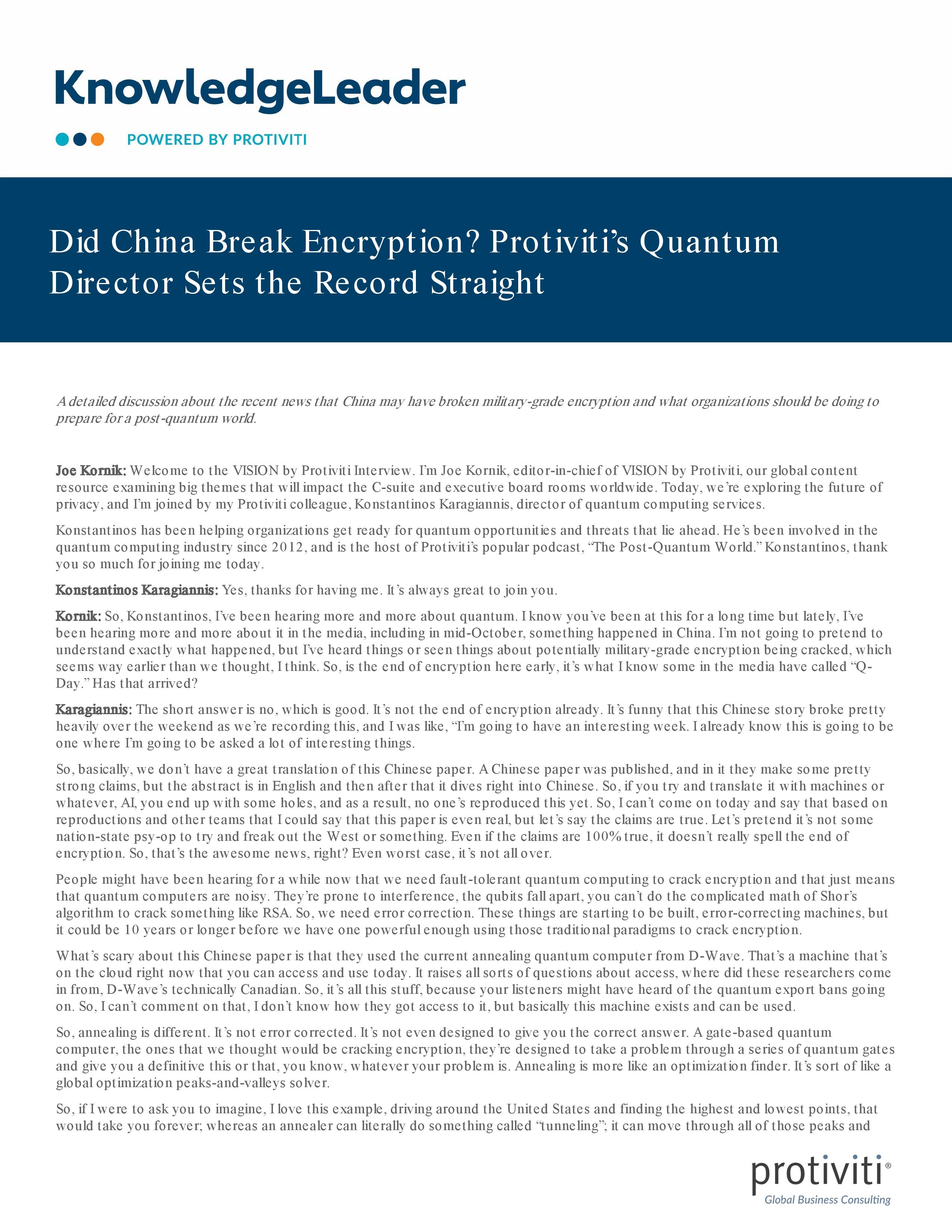 screenshot of the first page of Did China Break Encryption? Protiviti’s Quantum Director Sets the Record Straight