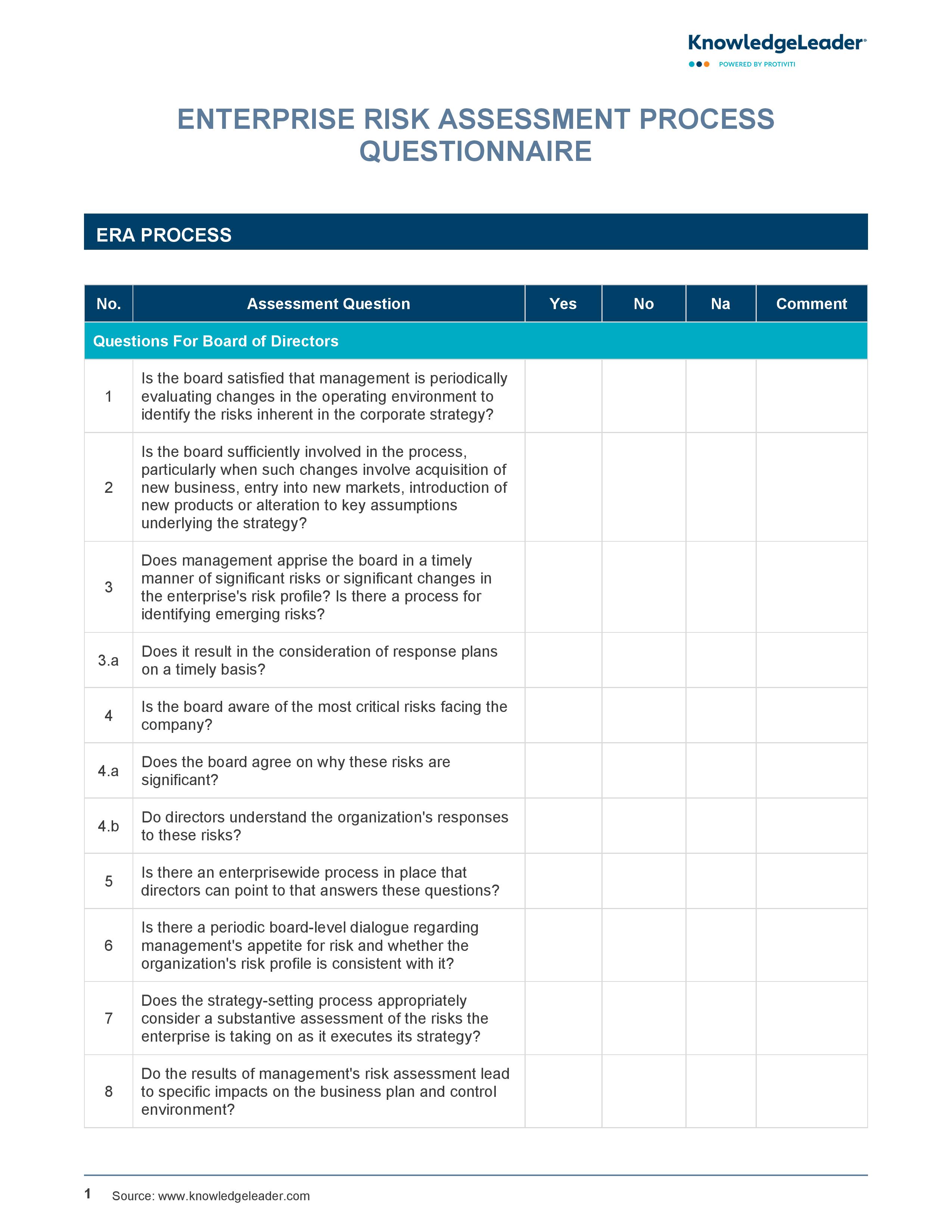 screenshot of the first page of Enterprise Risk Assessment Process Questionnaire