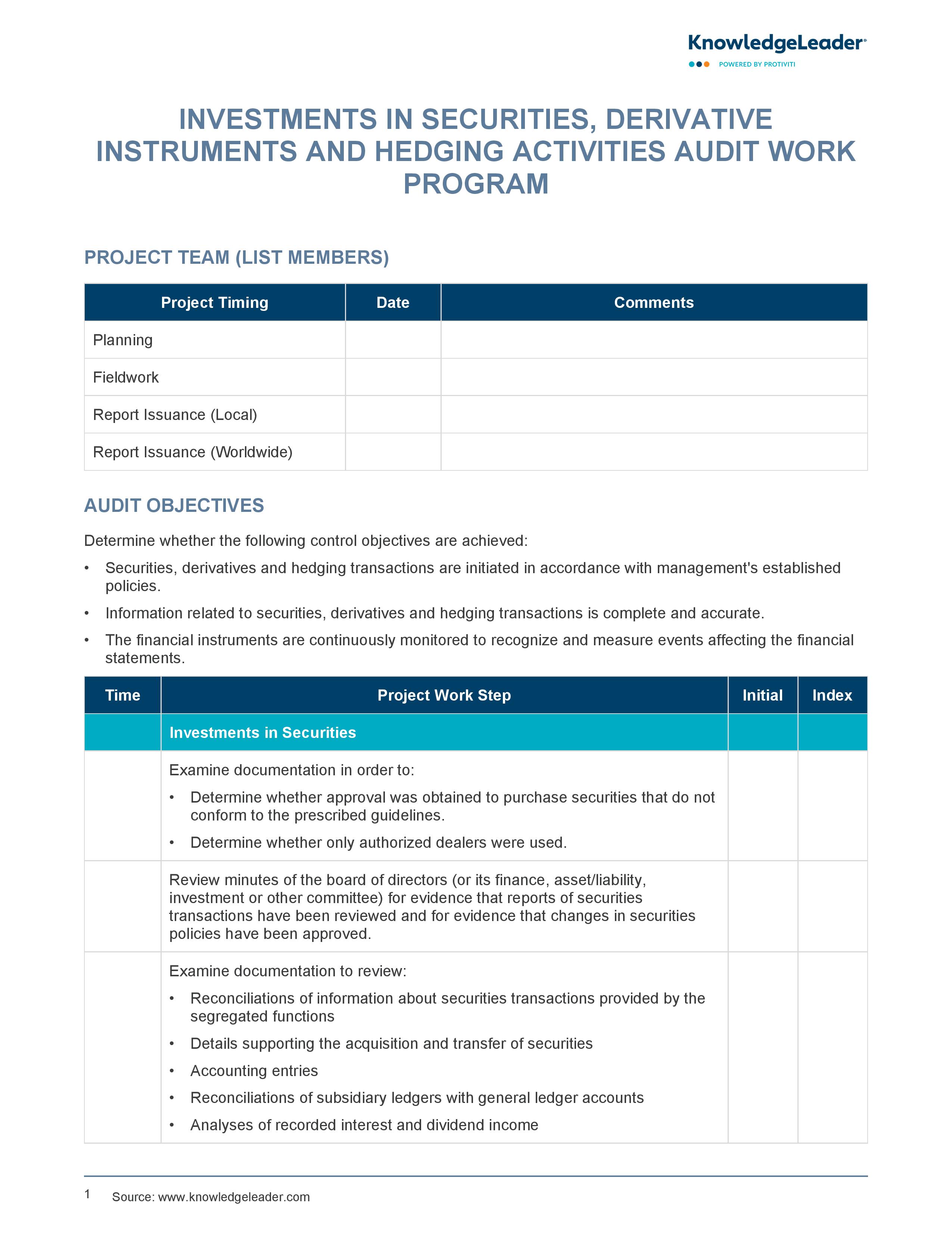 screenshot of the first page of Investments in Securities, Derivative Instruments and Hedging Activities Audit Work Program