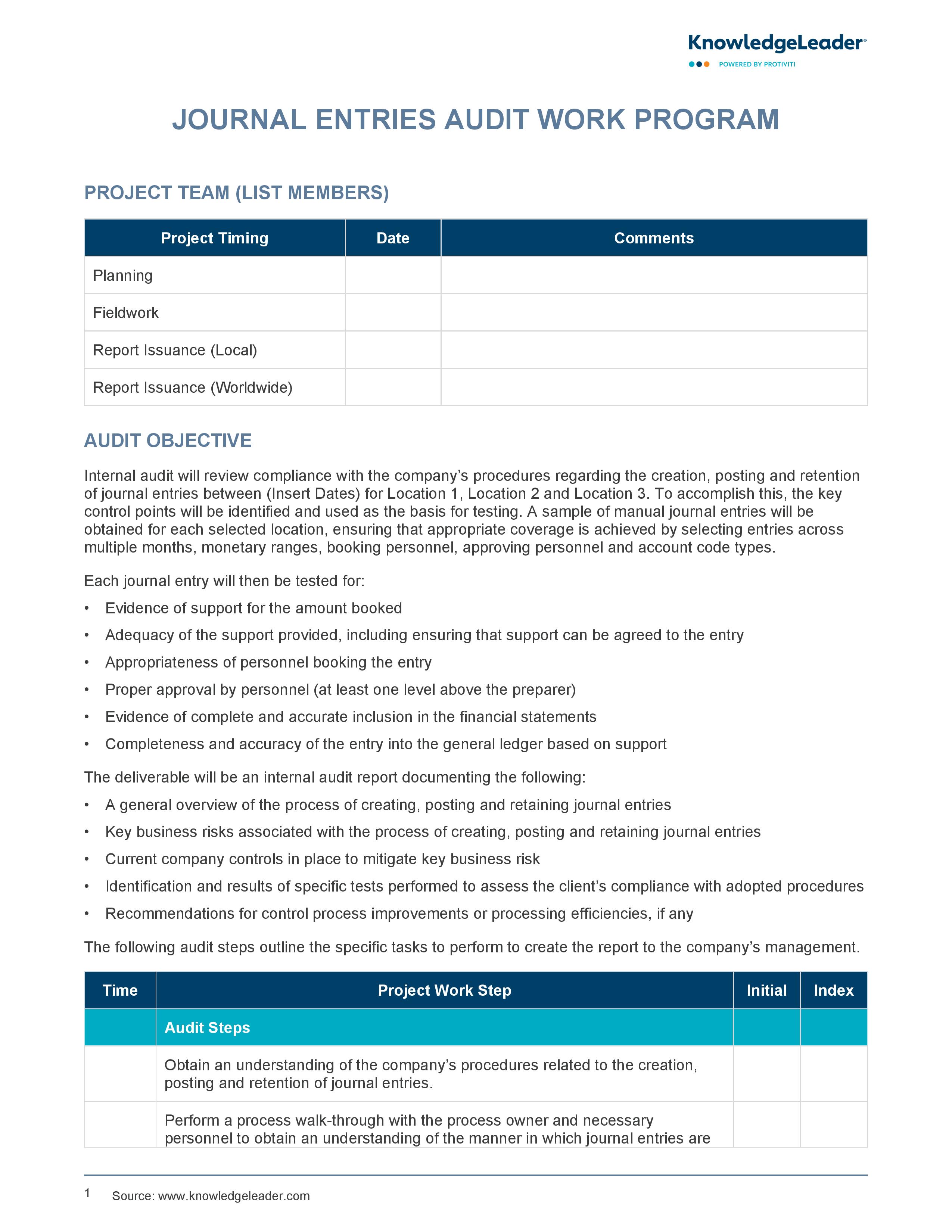 screenshot of the first page of Journal Entries Audit Work Program