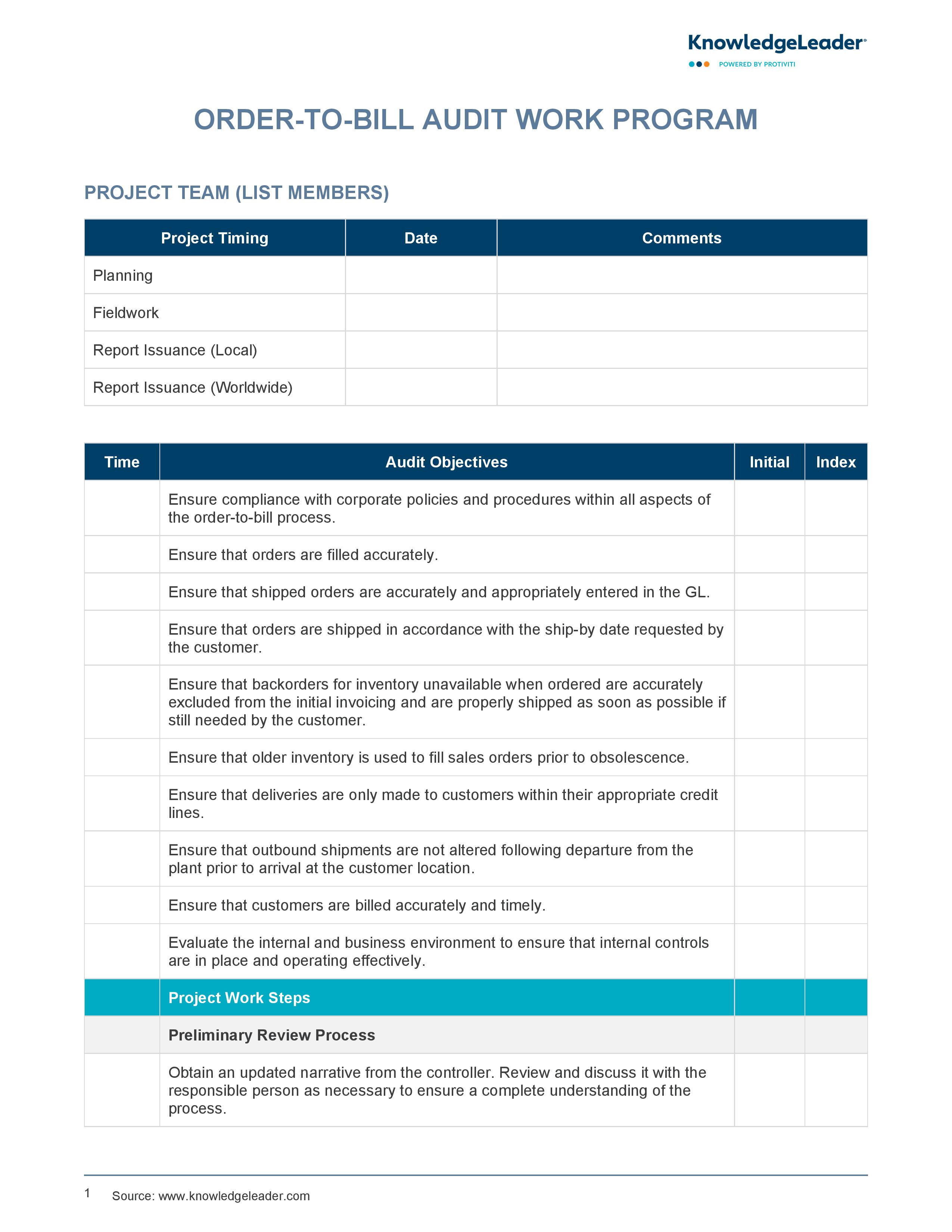 screenshot of the first page of Order-to-Bill Audit Work Program