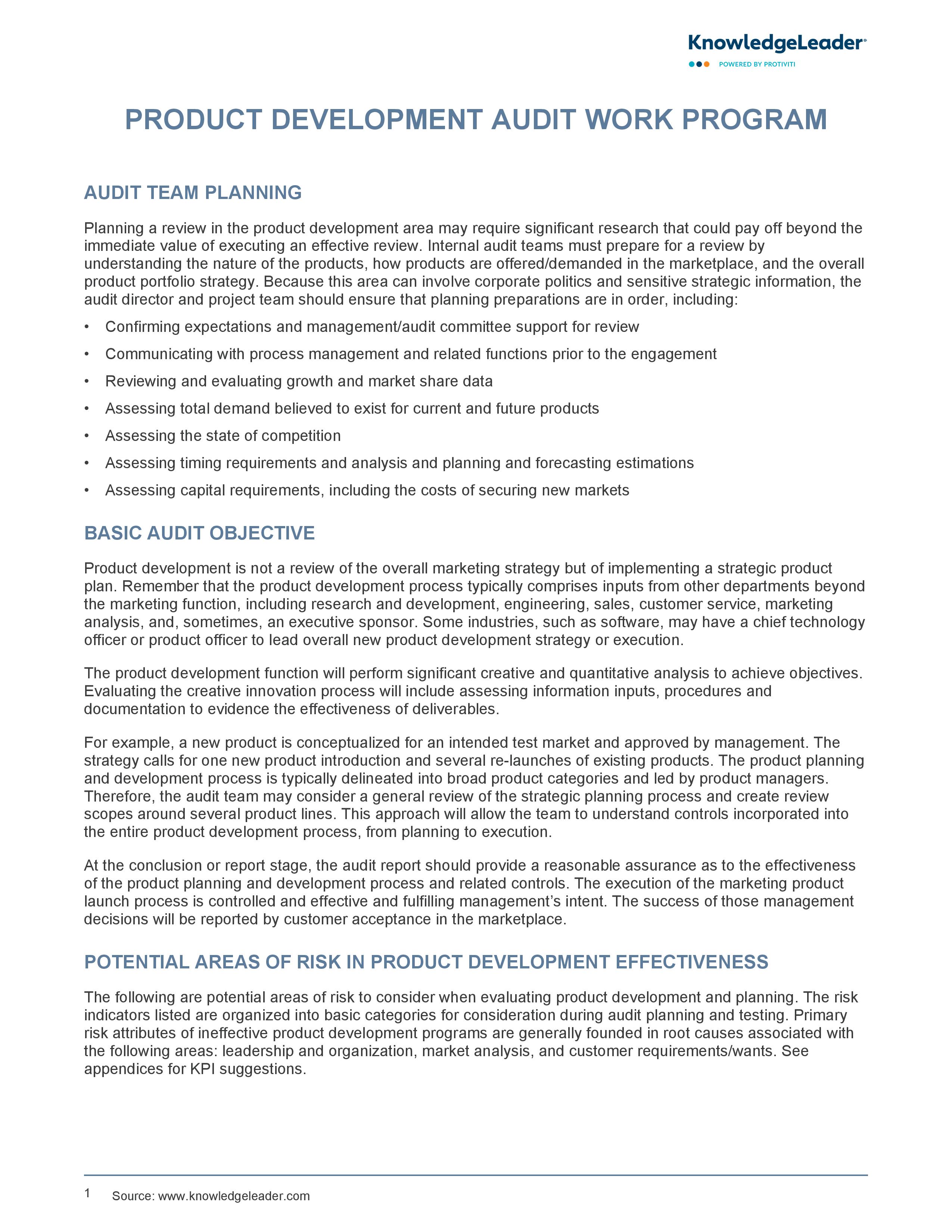 screenshot of the first page of Product Development Audit Work Program