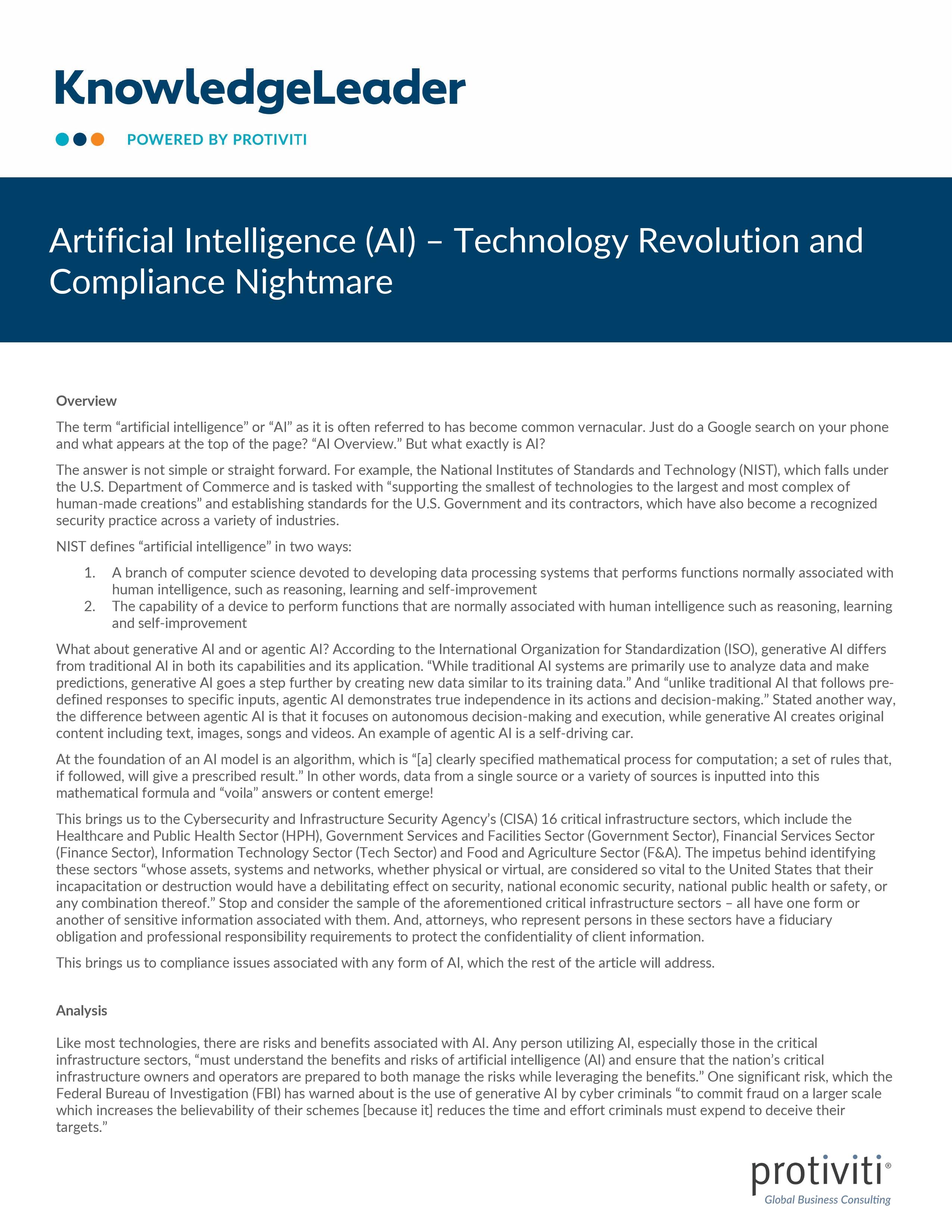 screenshot of the first page of Artificial Intelligence (AI) – Technology Revolution and Compliance Nightmare
