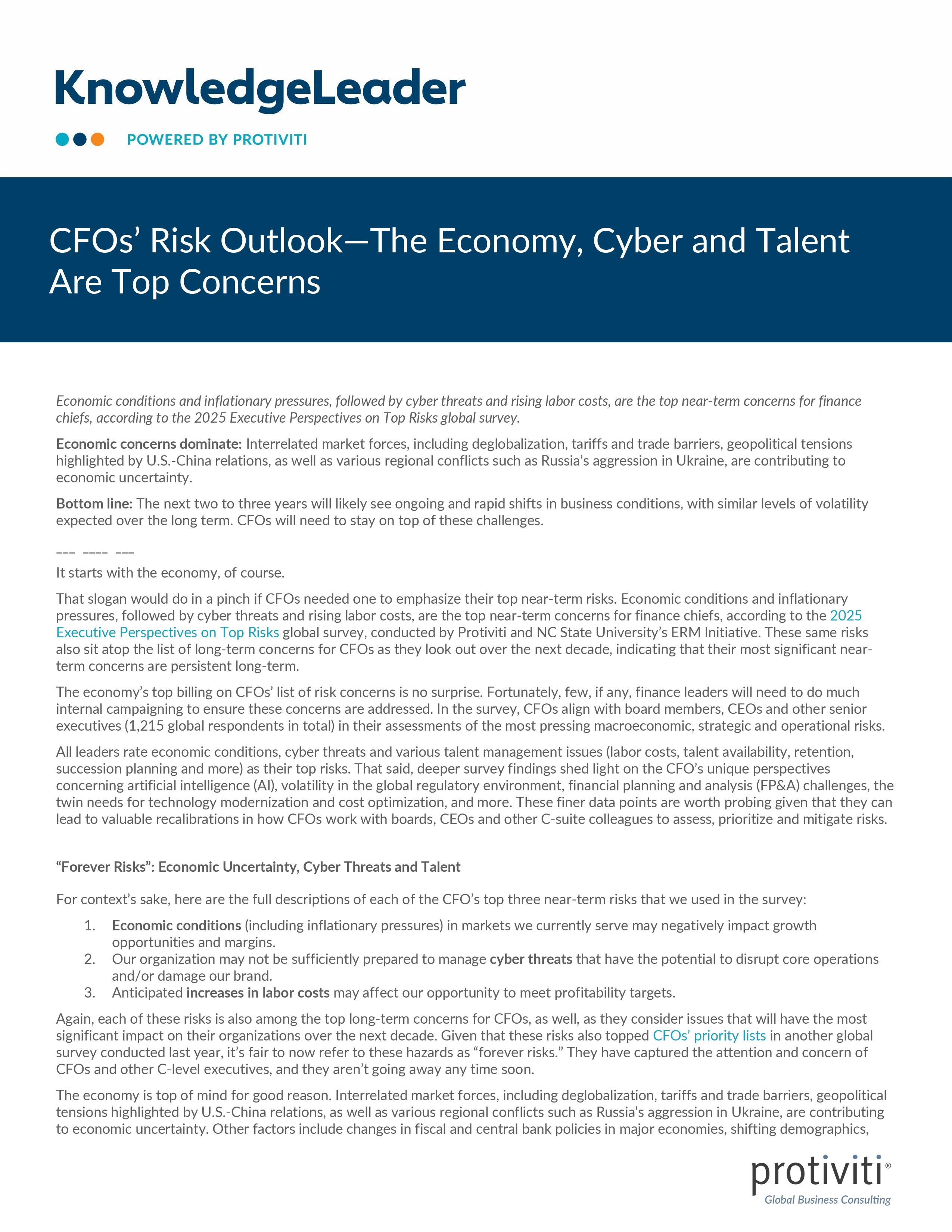 screenshot of the first page of CFOs’ Risk Outlook—The Economy, Cyber and Talent Are Top Concerns