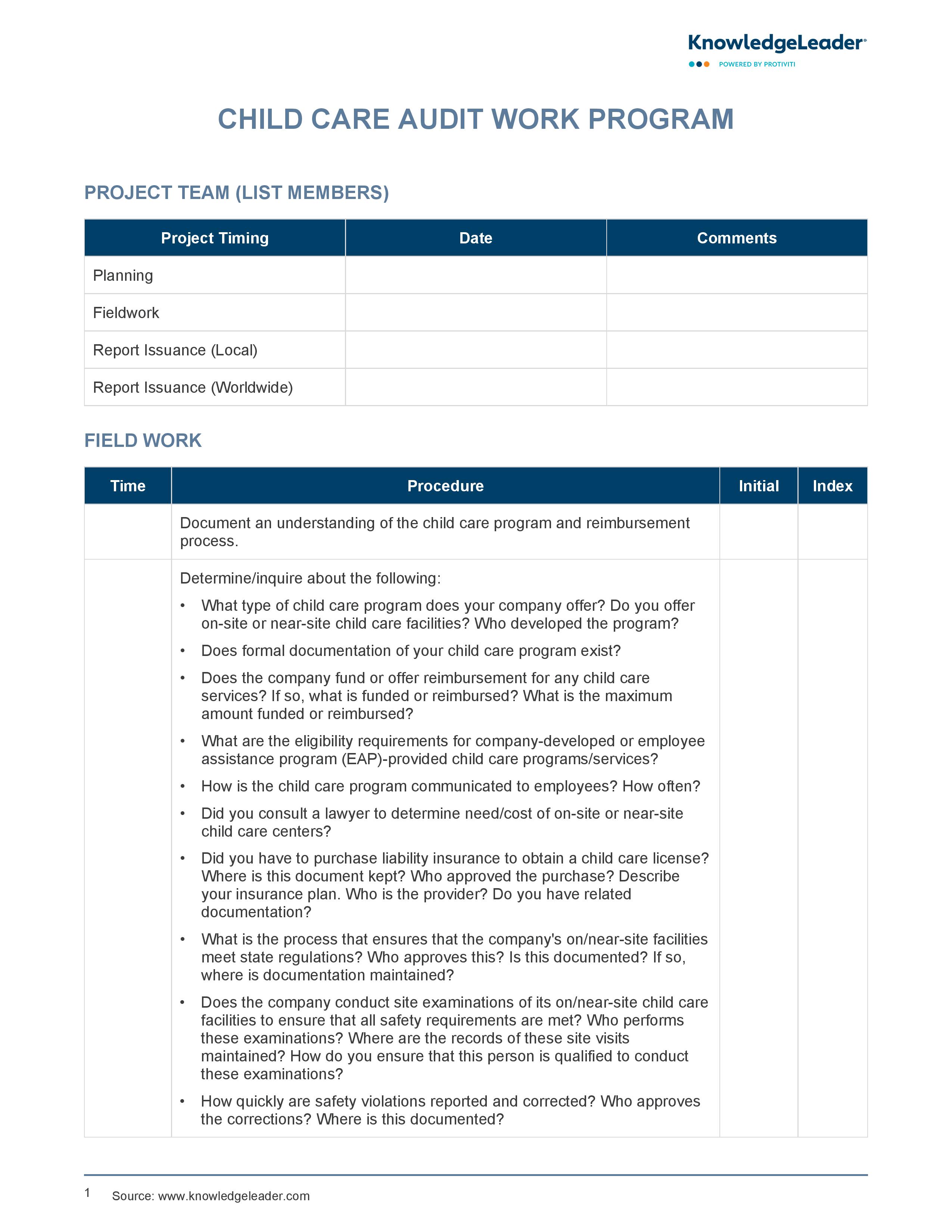 screenshot of the first page of Child Care Audit Work Program