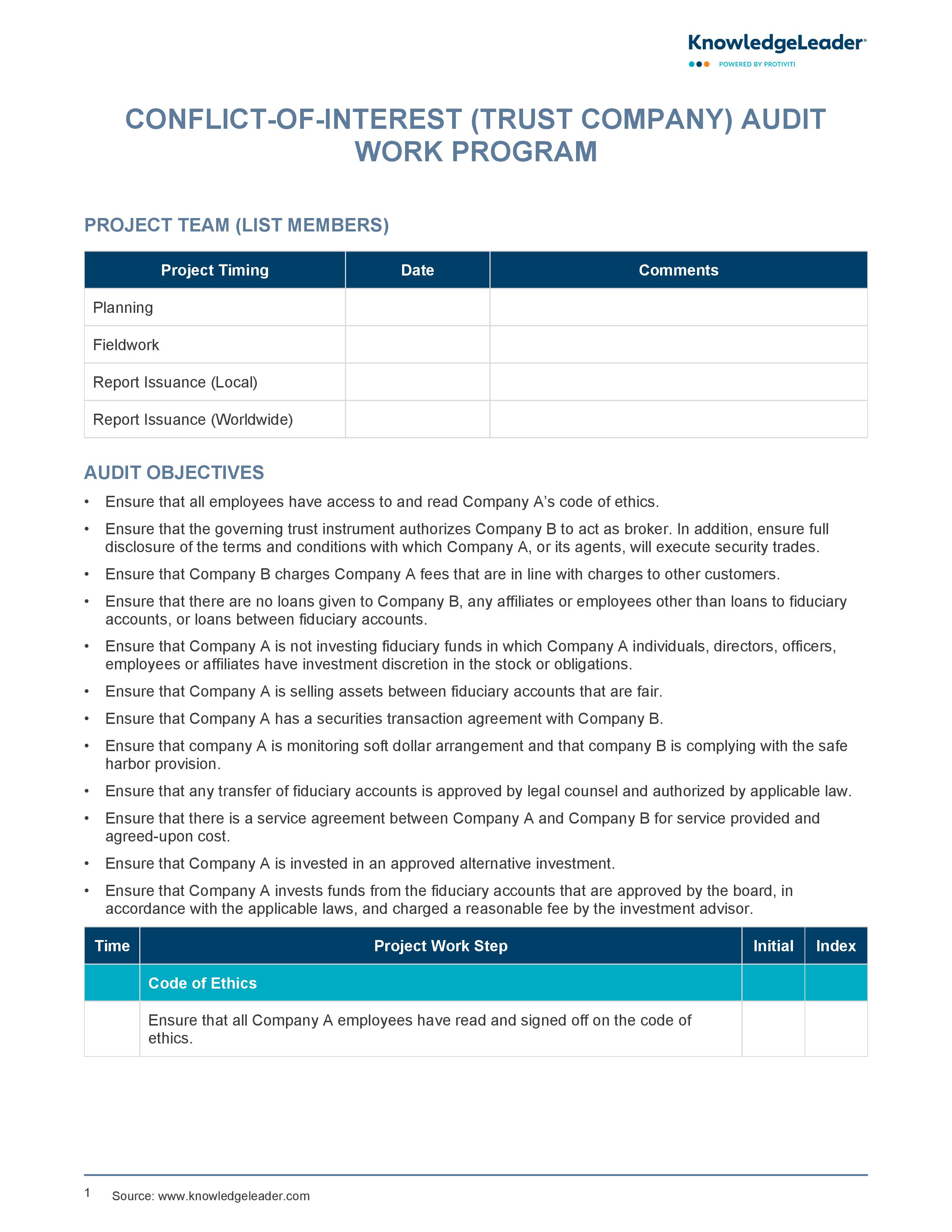 screenshot of the first page of Conflict of Interest (Trust Company) Audit Work Program