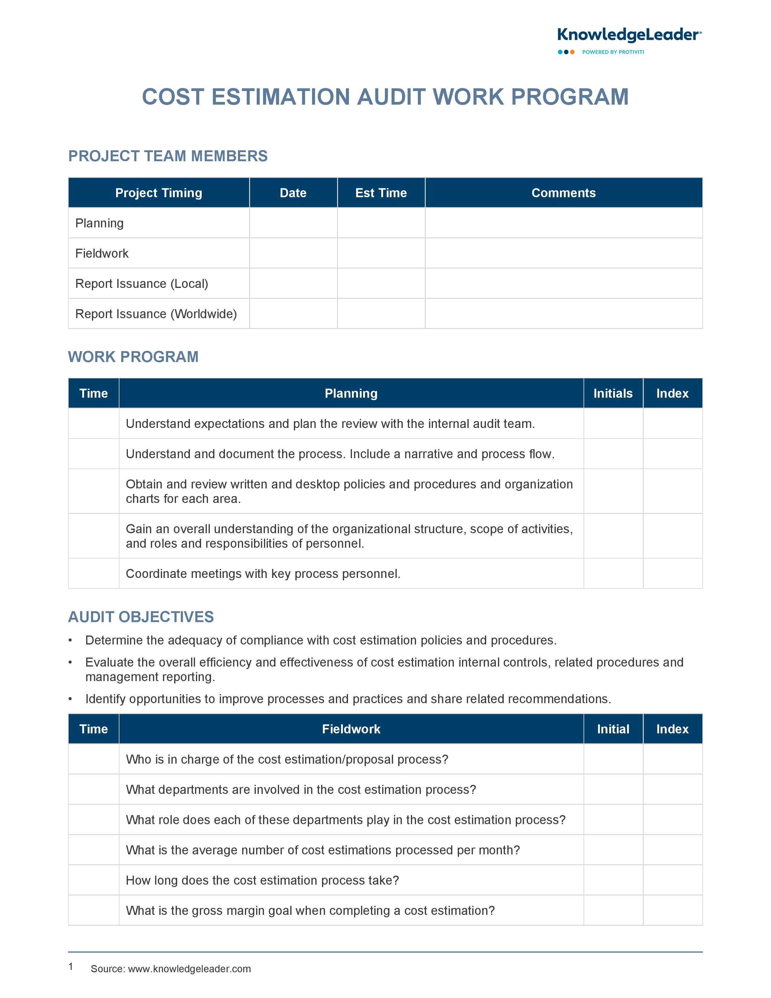screenshot of the first page of Cost Estimation Audit Work Program