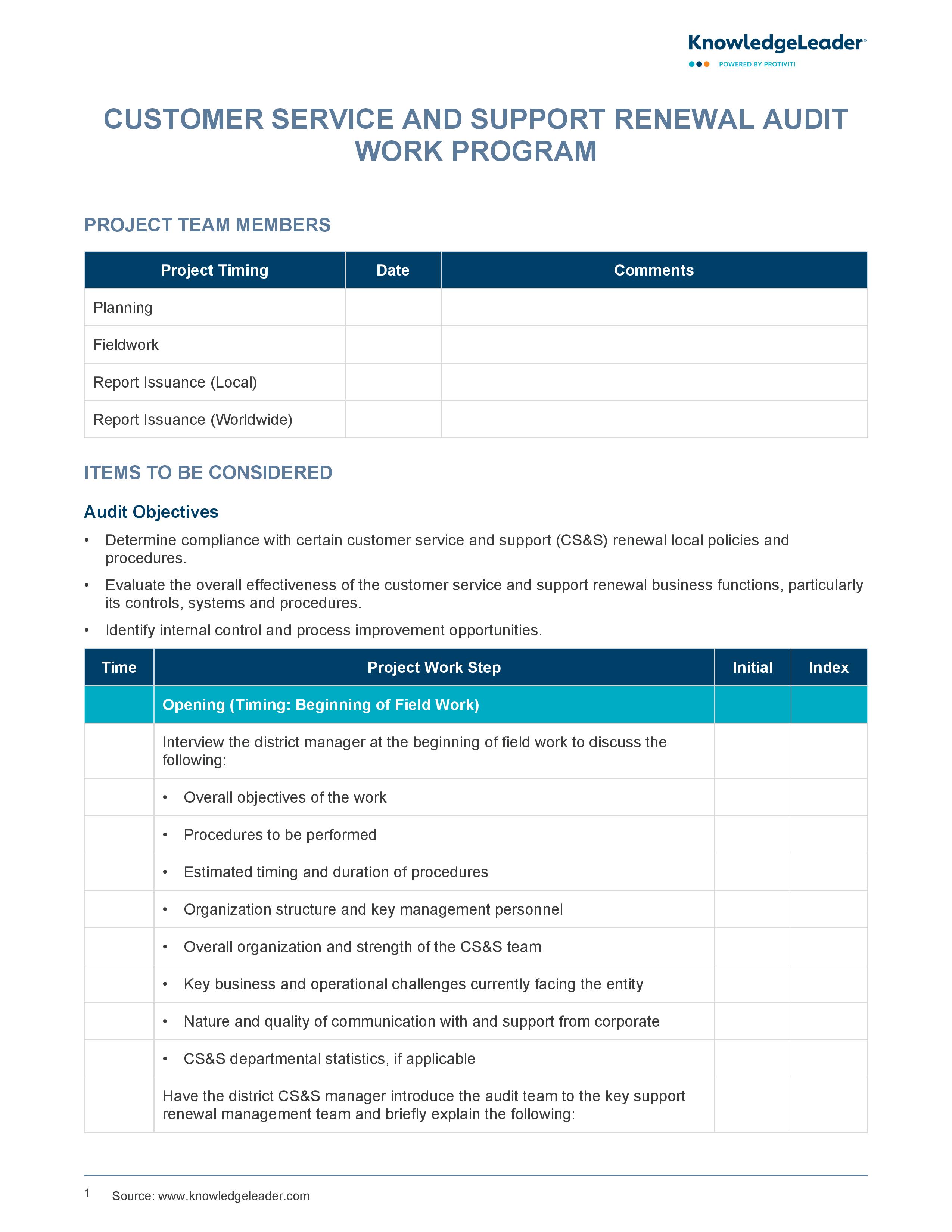 screenshot of the first page of Customer Service and Support Renewal Audit Work Program