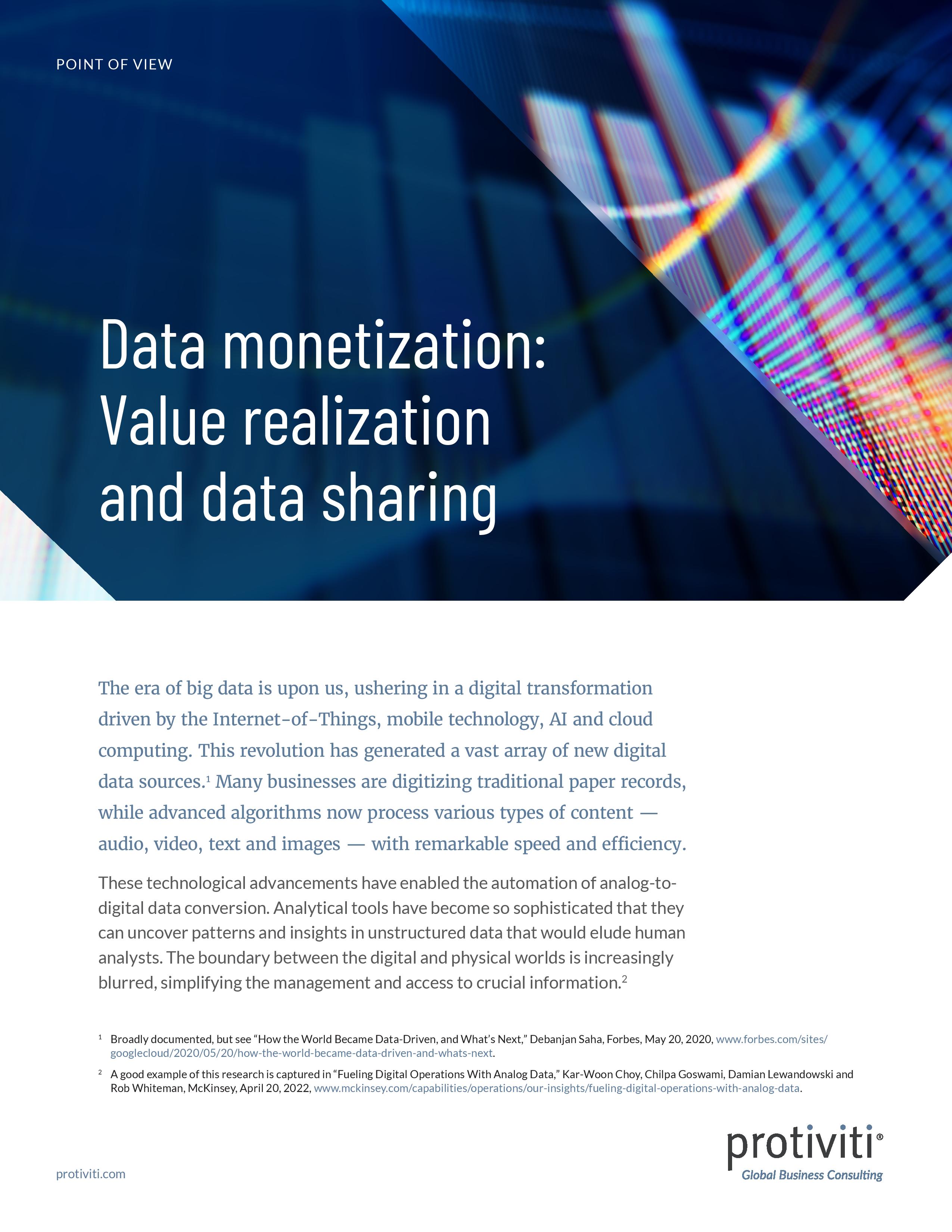 screenshot of the first page of Data Monetization Value Realization and Data Sharing