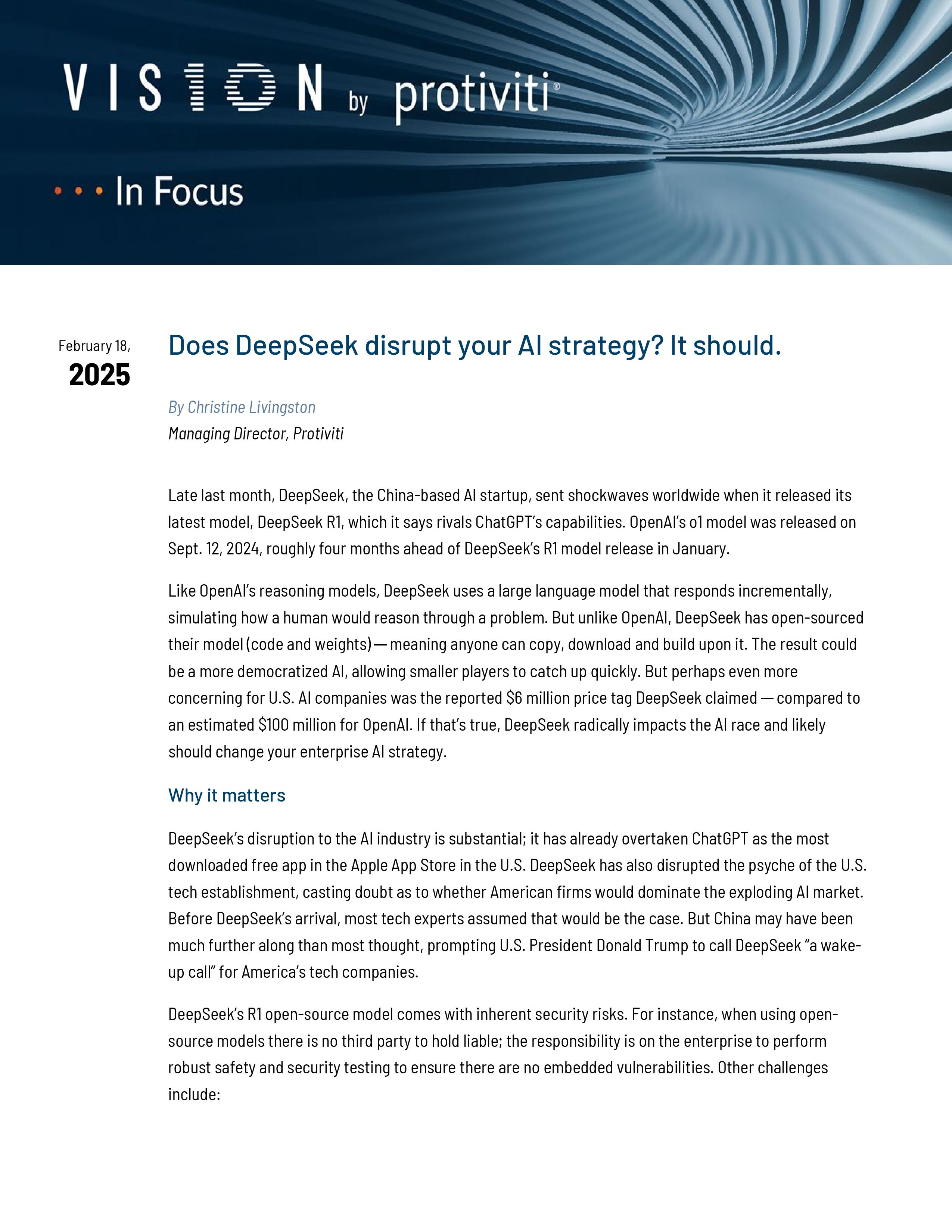 screenshot of the first page of Does DeepSeek Disrupt Your AI Strategy
