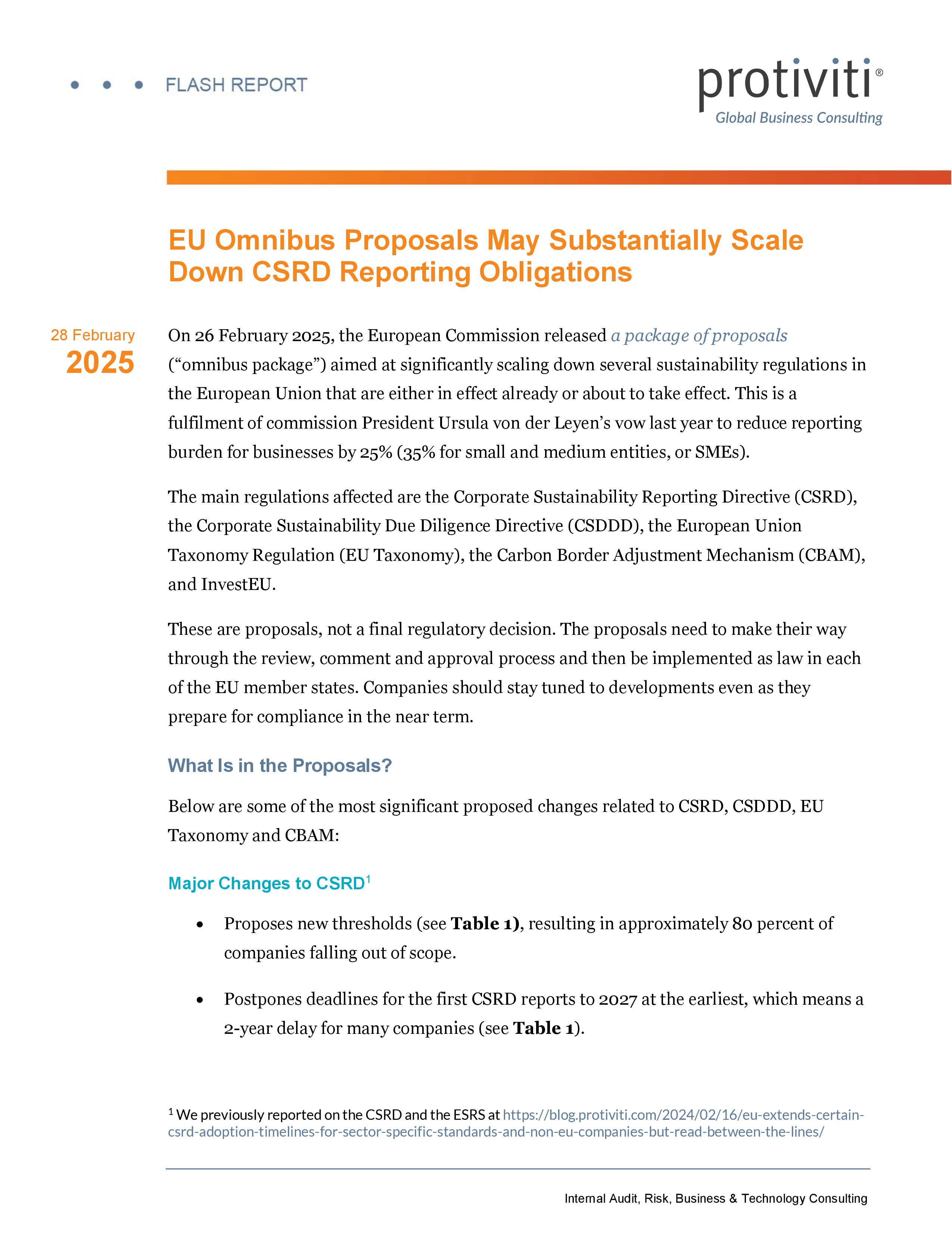 screenshot of the first page of EU Omnibus Proposals May Substantially Scale Down CSRD Reporting Obligations