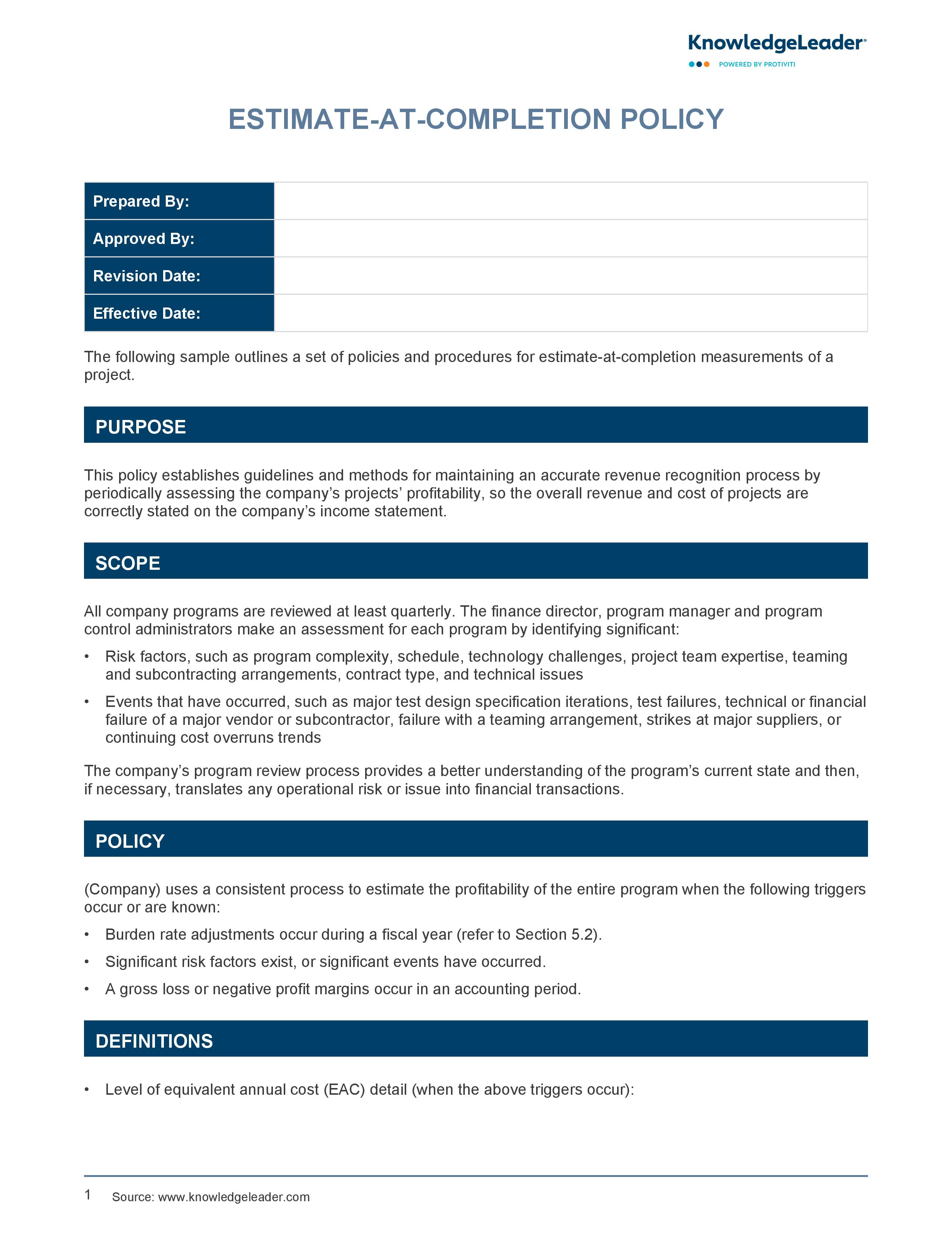 screenshot of the first page of Estimate-at-Completion Policy