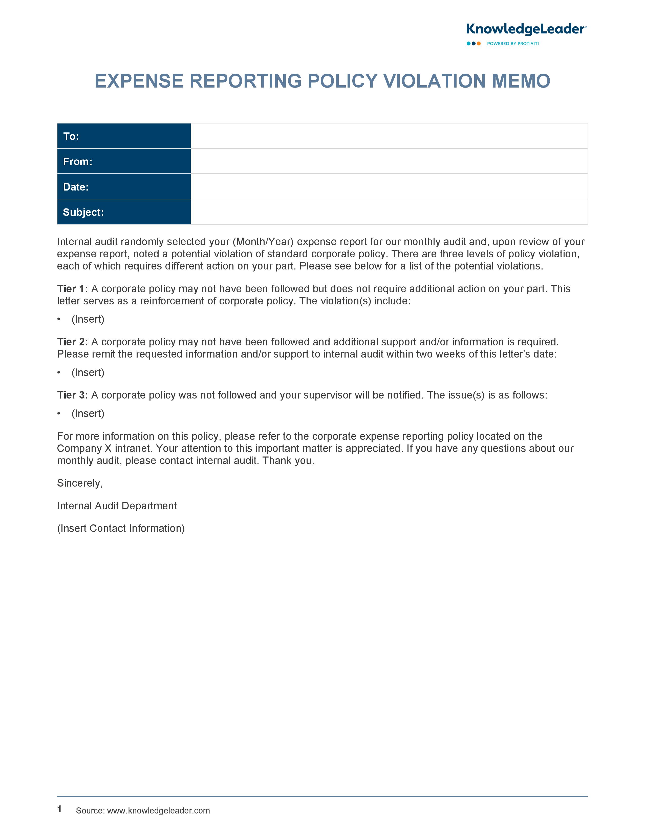 screenshot of the first page of Expense Reporting Policy Violation Memo