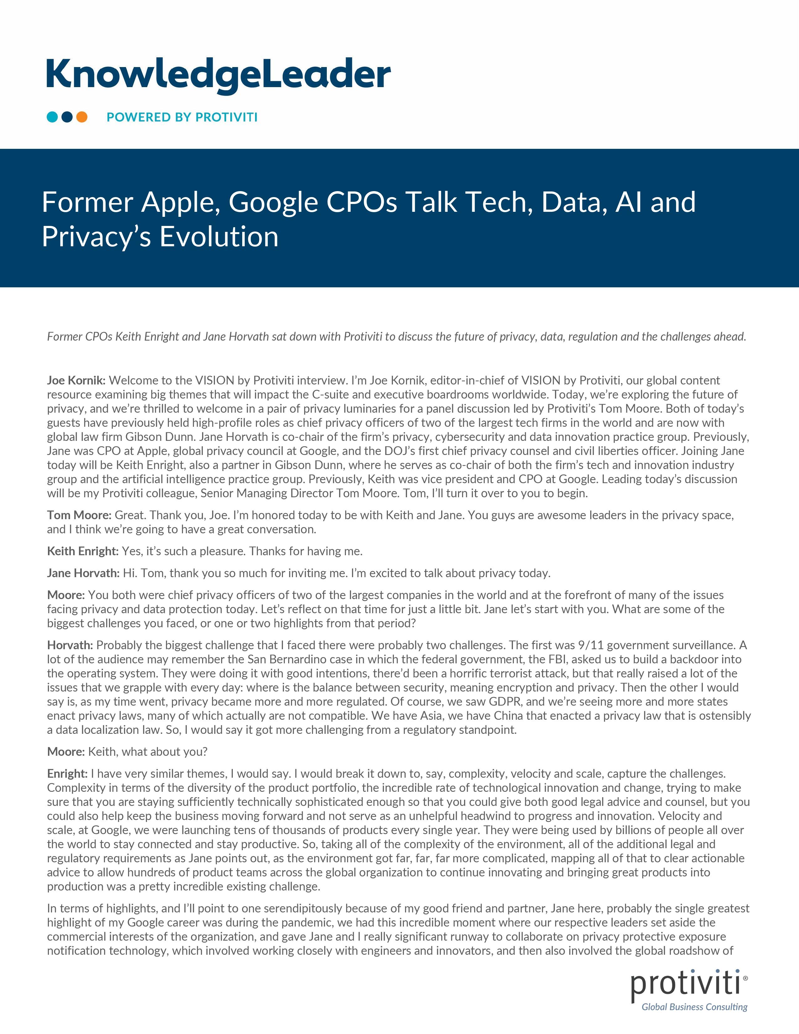 screenshot of the first page of Former Apple, Google CPOs Talk Tech, Data, AI and Privacy’s Evolution