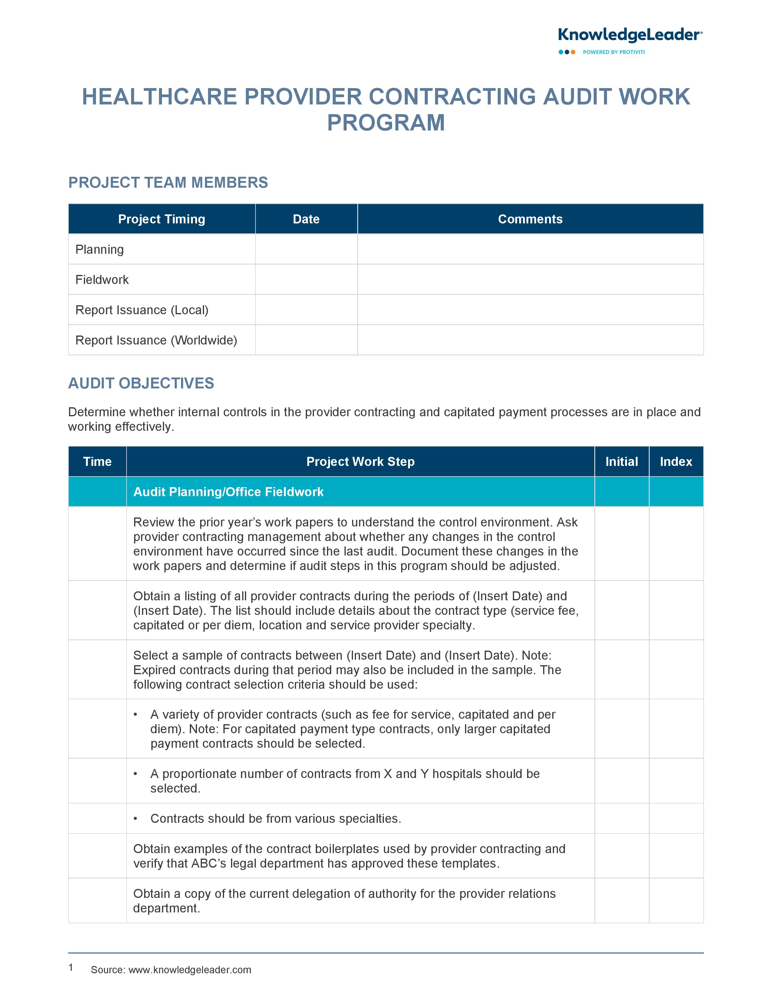 screenshot of the first page of Healthcare Provider Contracting Audit Work Program