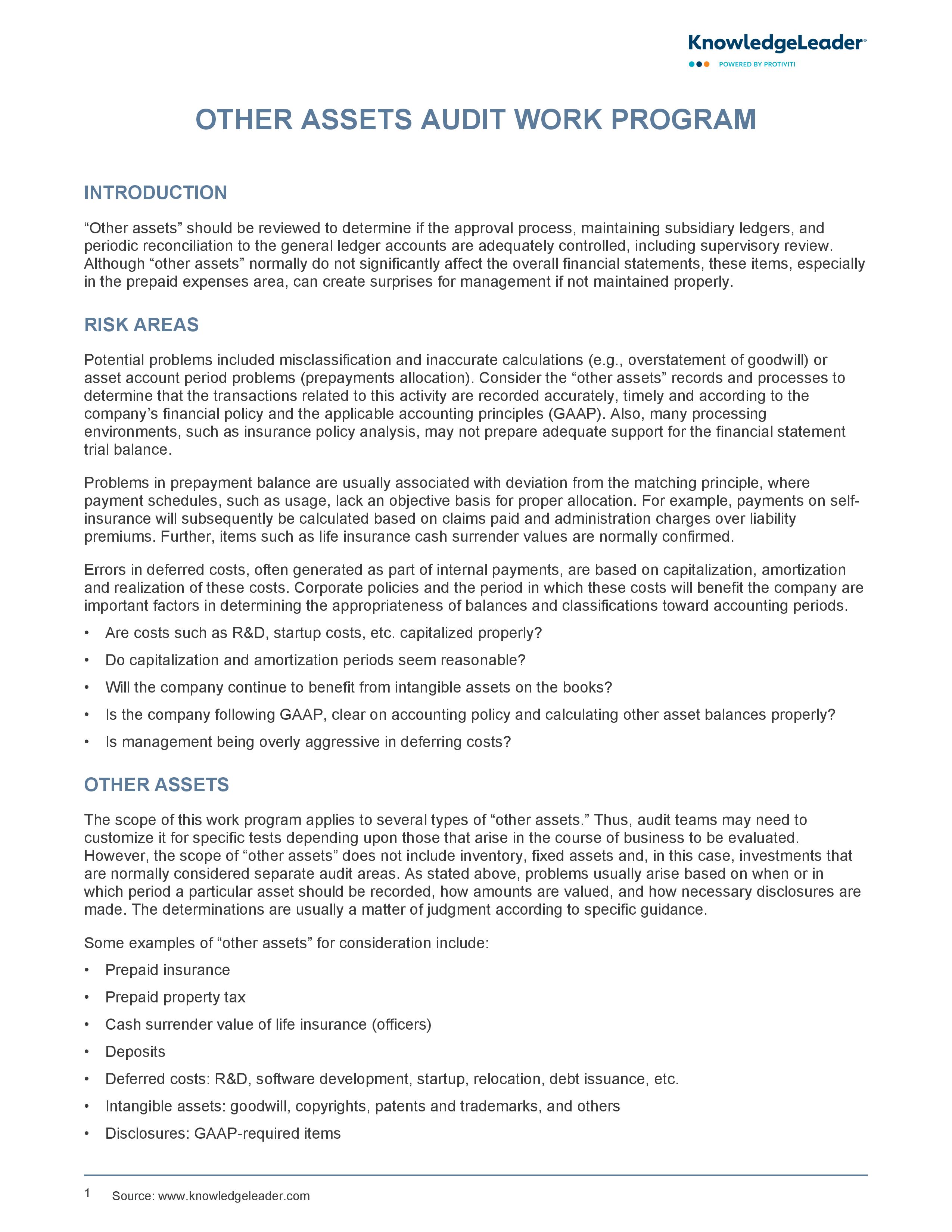 screenshot of the first page of Other Assets Audit Work Program