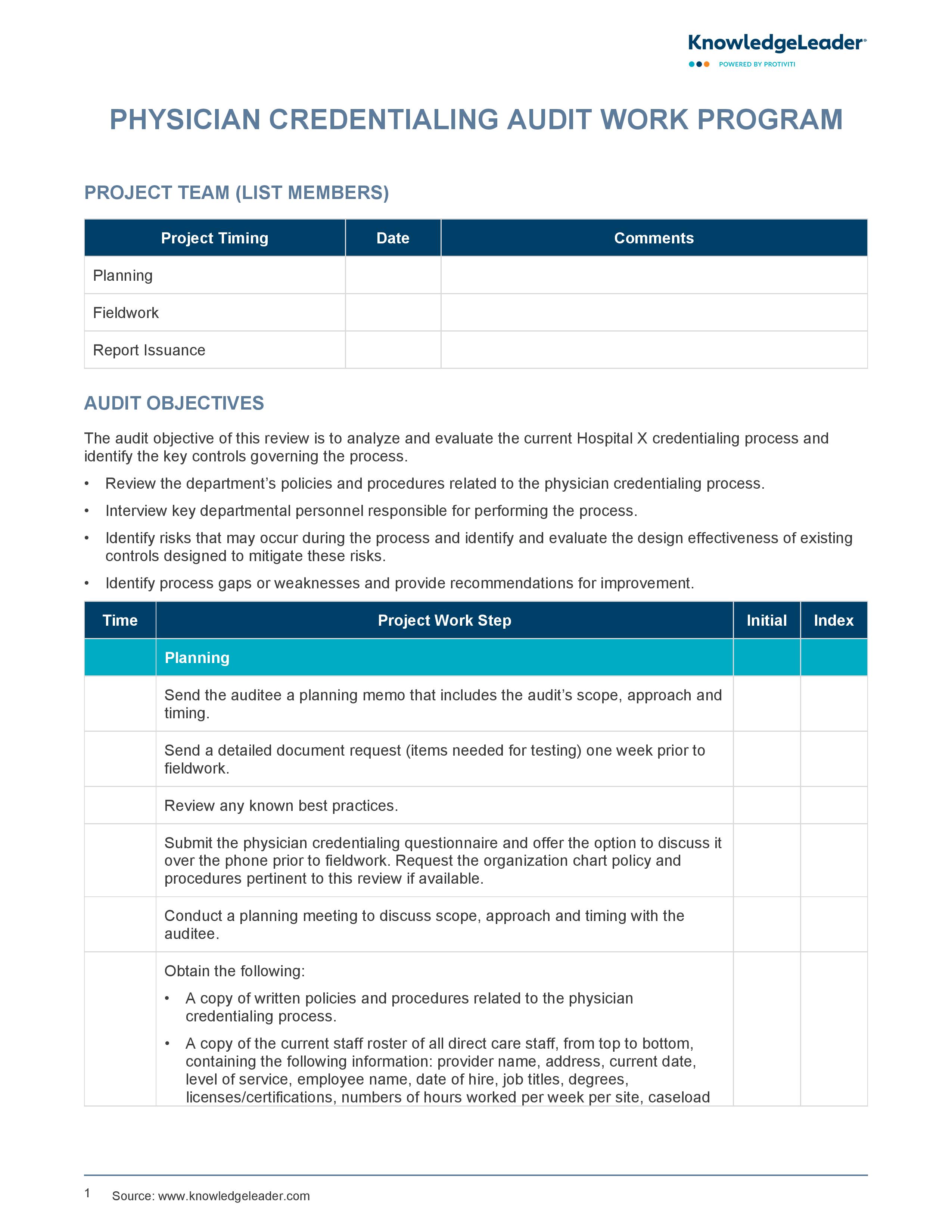 screenshot of the first page of Physician Credentialing Audit Work Program