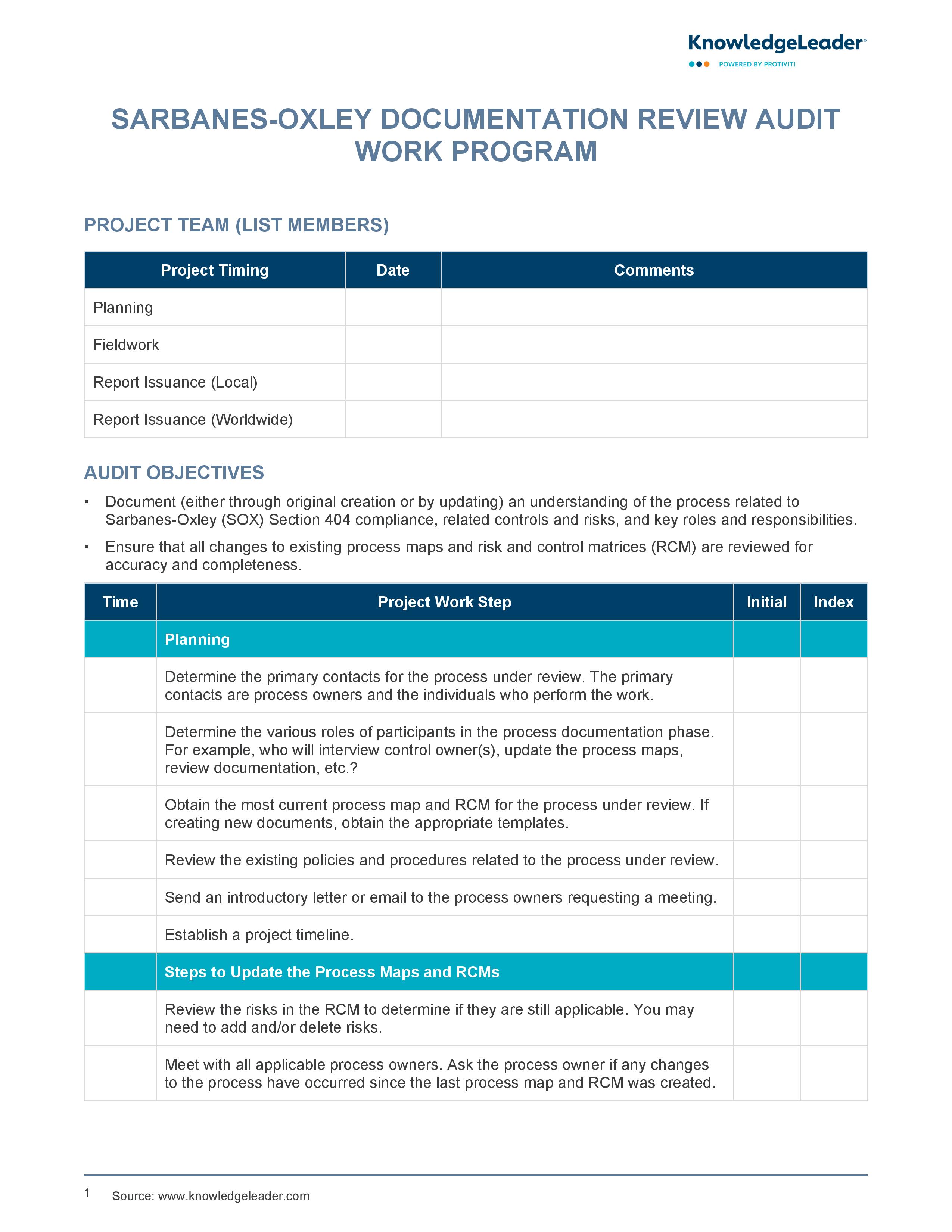 screenshot of the first page of Sarbanes-Oxley Documentation Review Audit Work Program