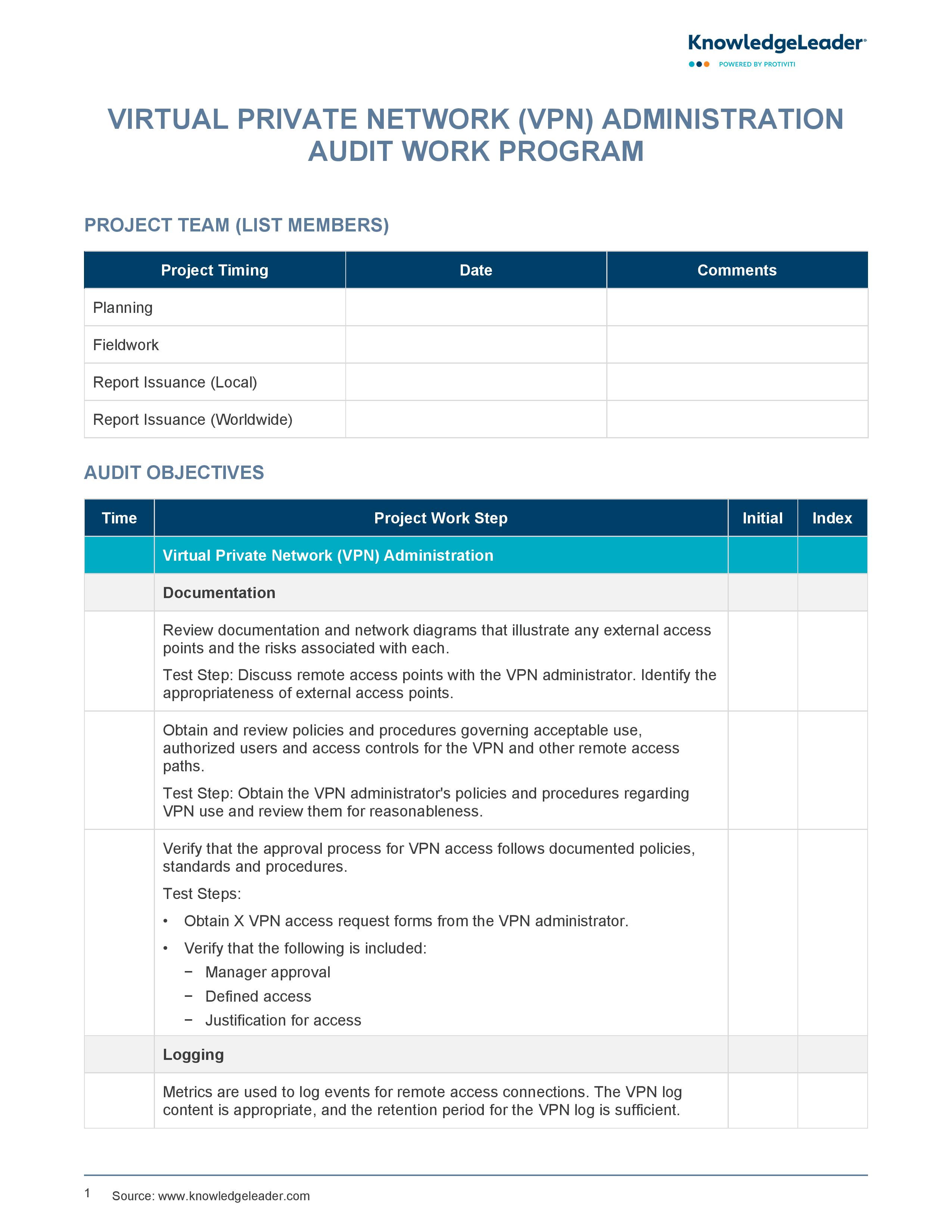 screenshot of the first page of Virtual Private Network (VPN) Administration Audit Work Program