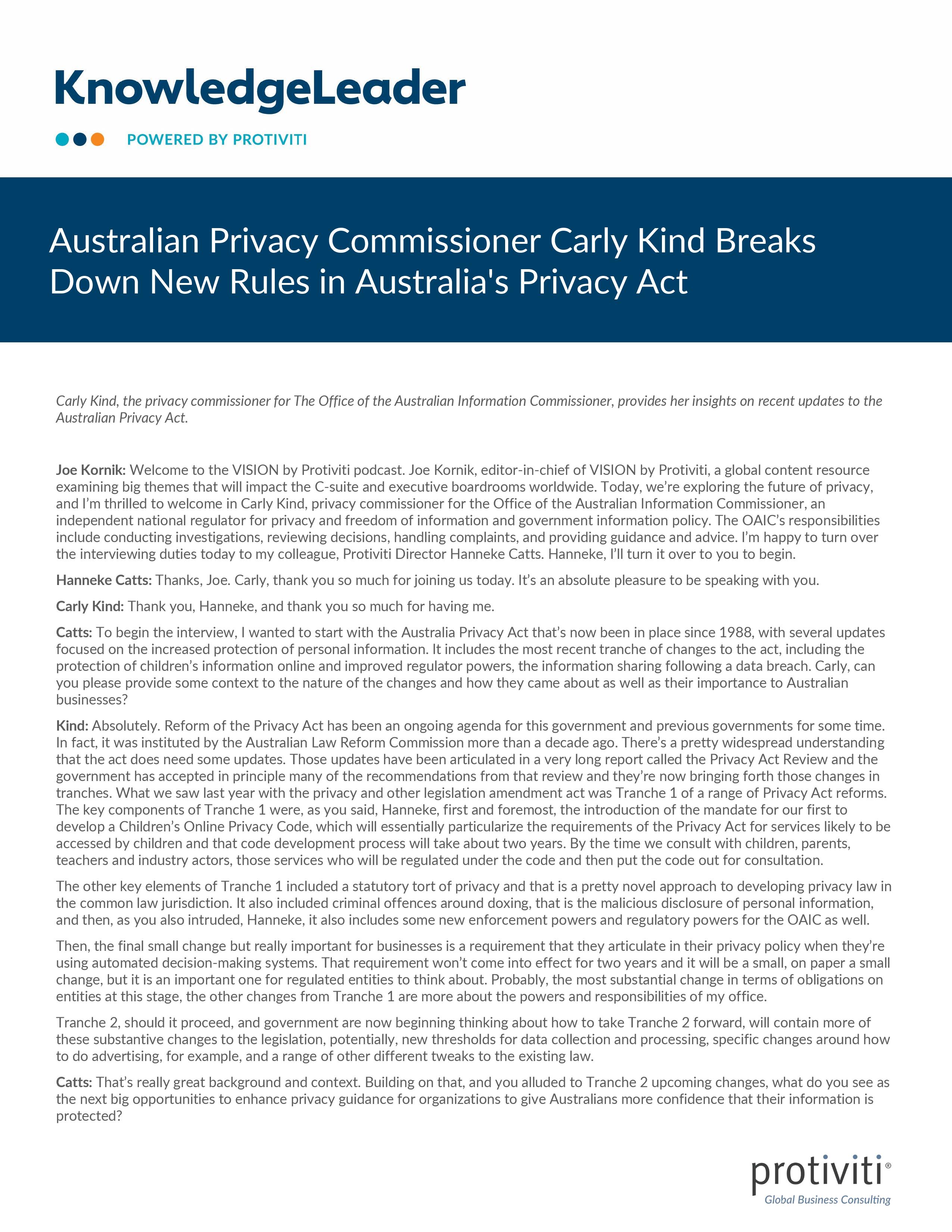 screenshot of the first page of Australian Privacy Commissioner Carly Kind Breaks Down New Rules in Australia s Privacy Act
