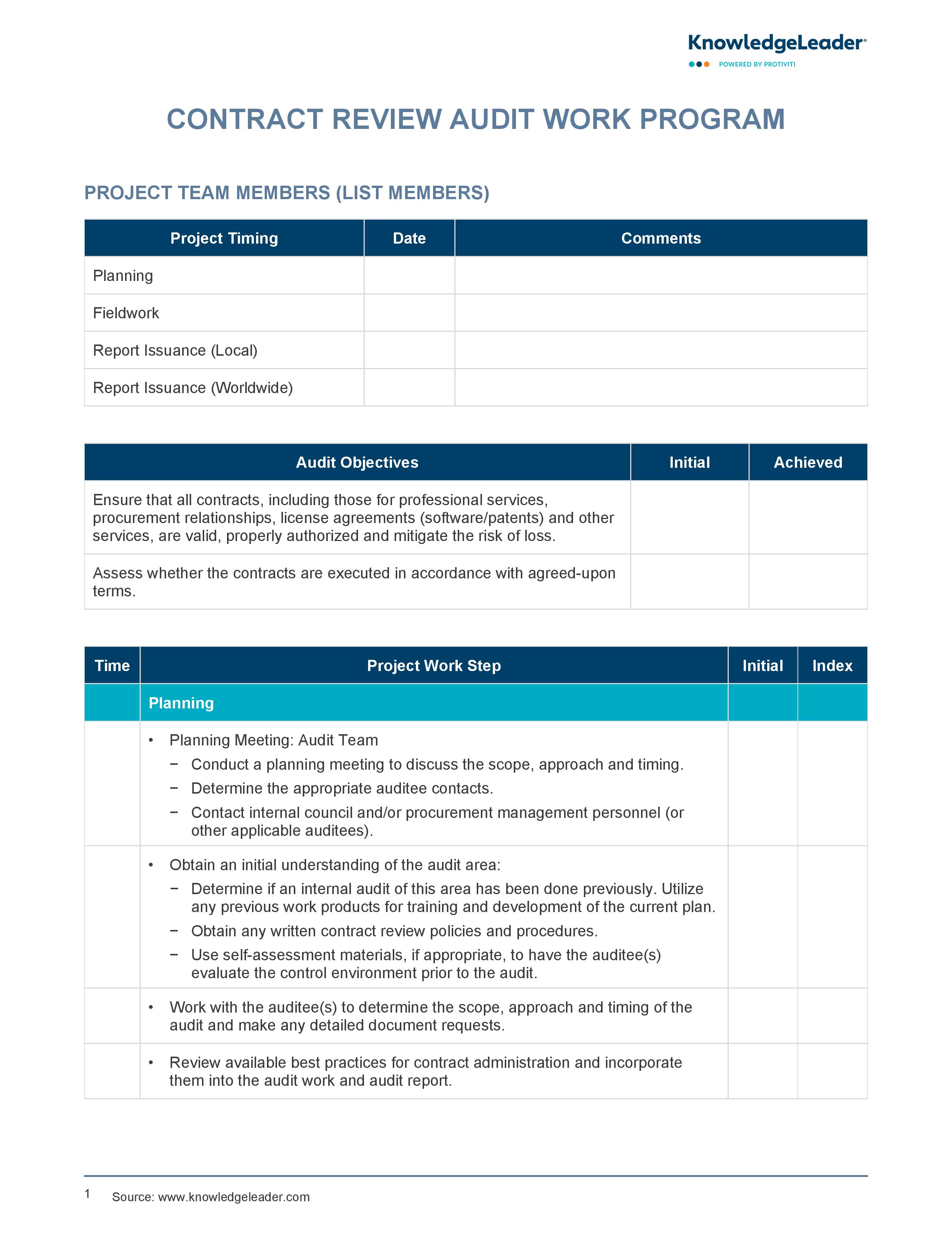 screenshot of the first page of Contract Review Audit Work Program