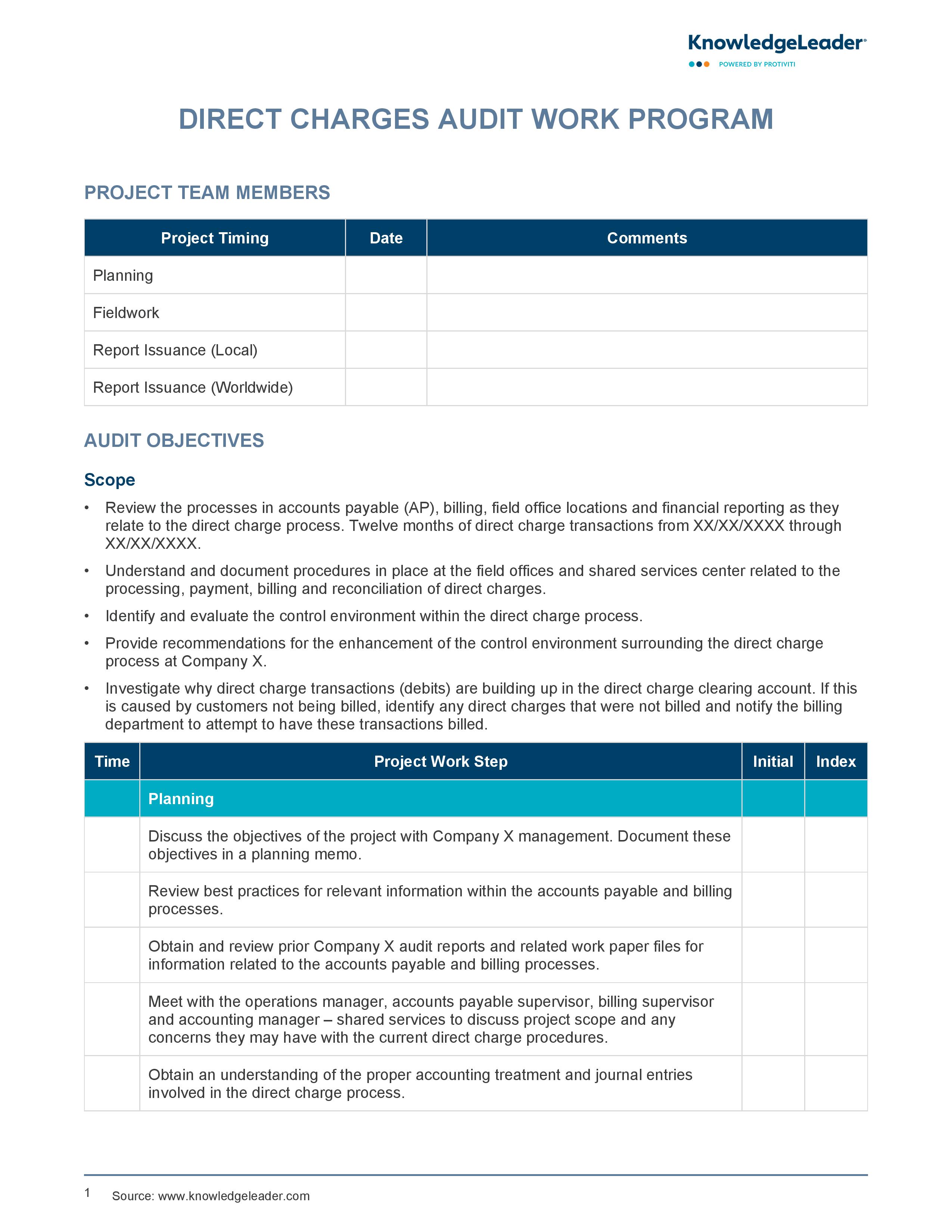 screenshot of the first page of Direct Charges Audit Work Program