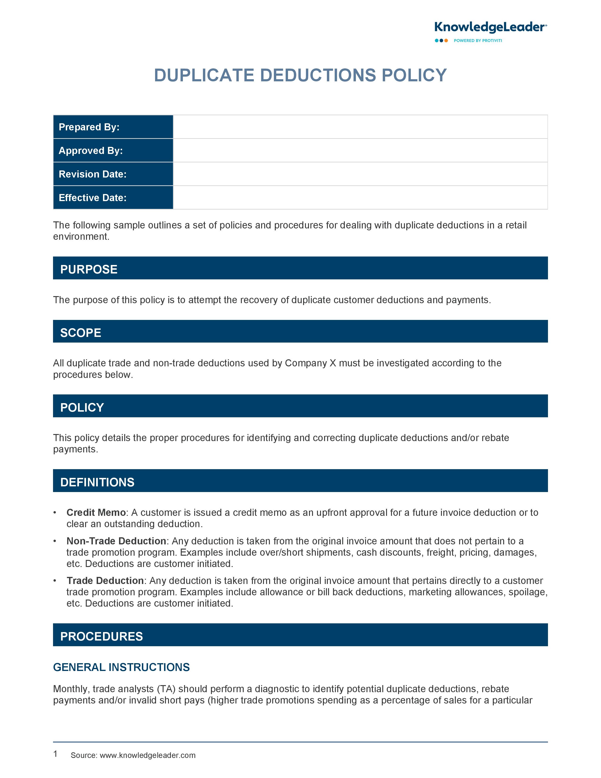 screenshot of the first page of Duplicate Deductions Policy