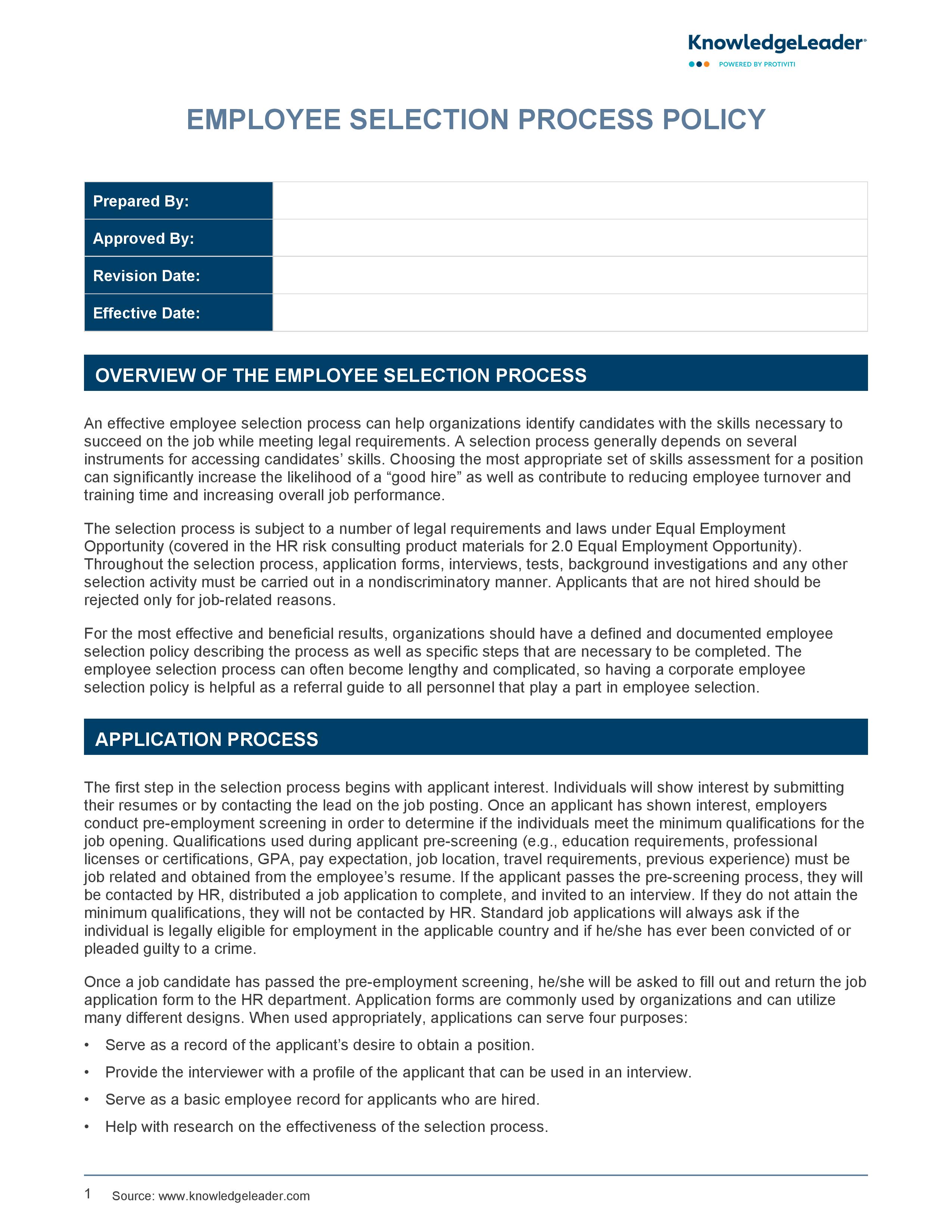 screenshot of the first page of Employee Selection Policy