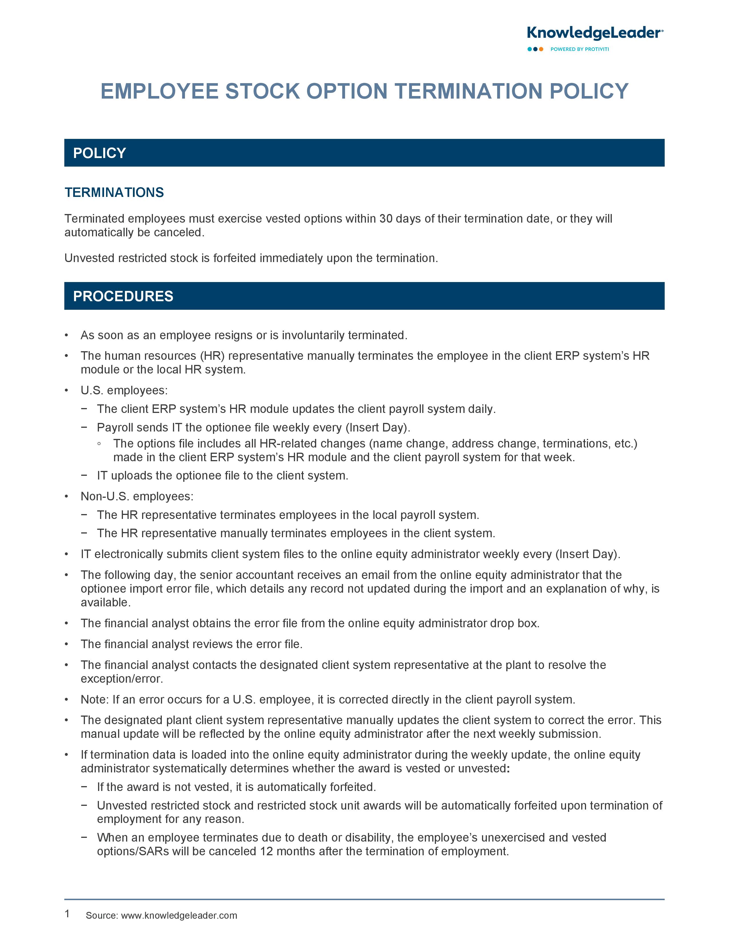 screenshot of the first page of Employee Stock Option Termination Policy