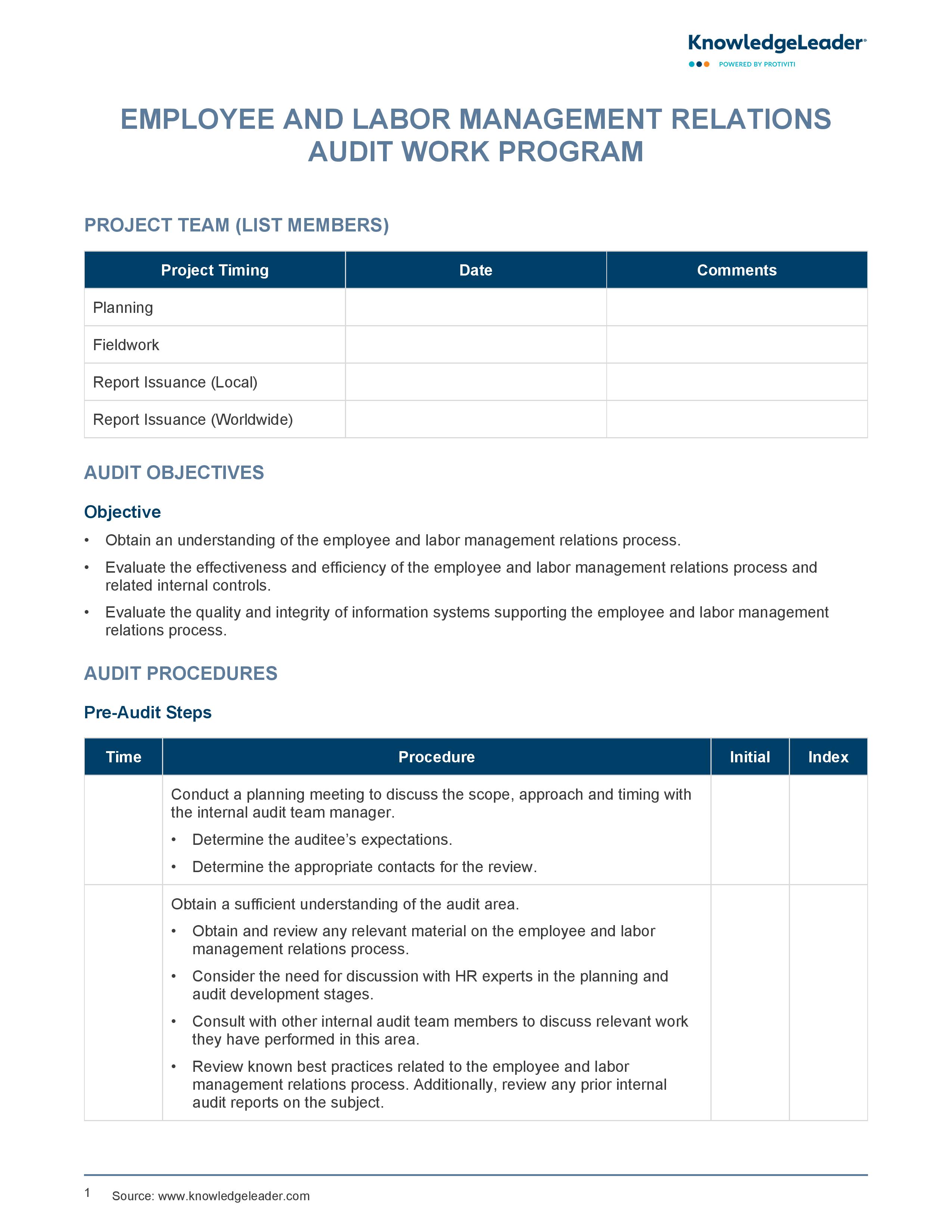 screenshot of the first page of Employee and Labor Management Relations Audit Work Program