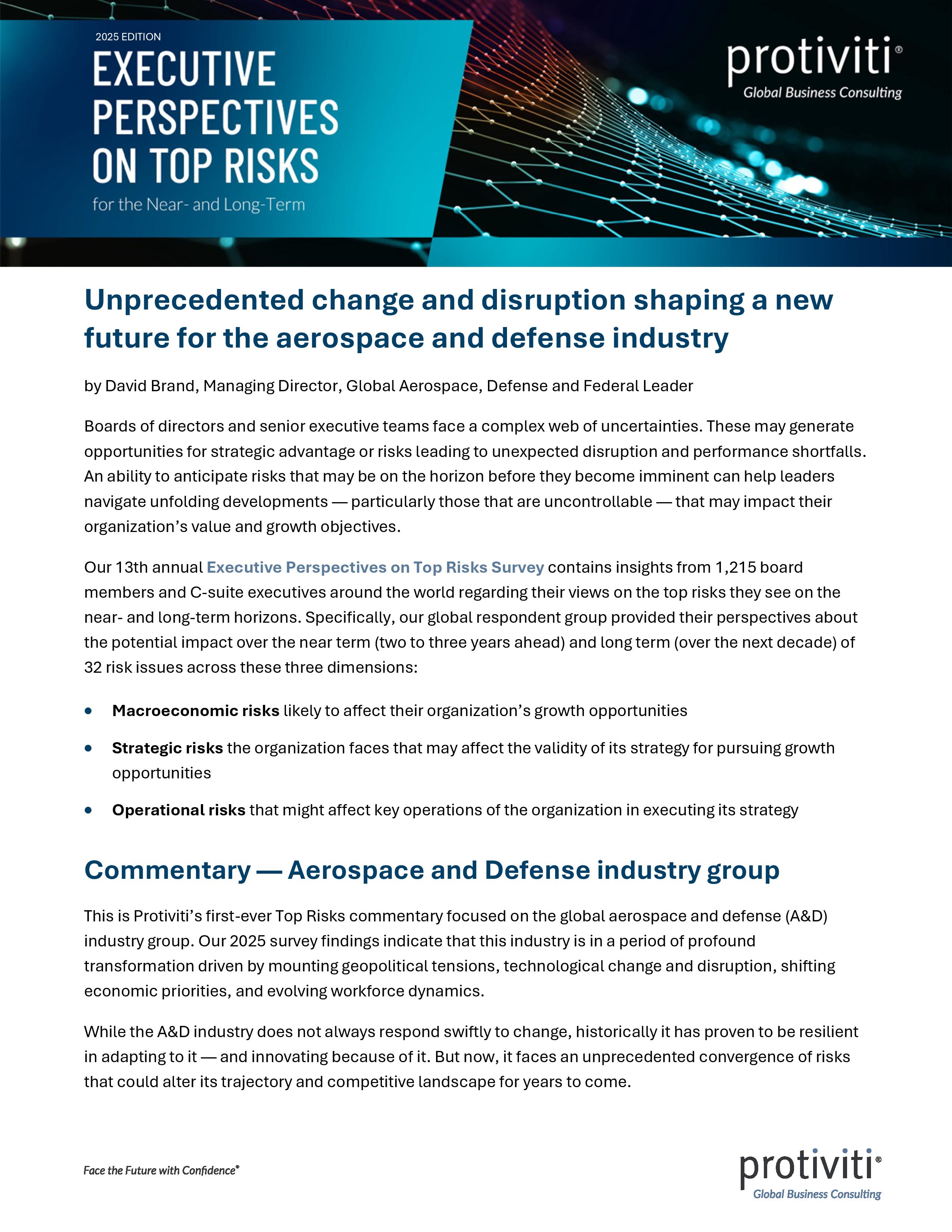 screenshot of the first page of Executive Perspectives on Top Risks for the Near- and Long-Term Aerospace and Defense Industry Group Results