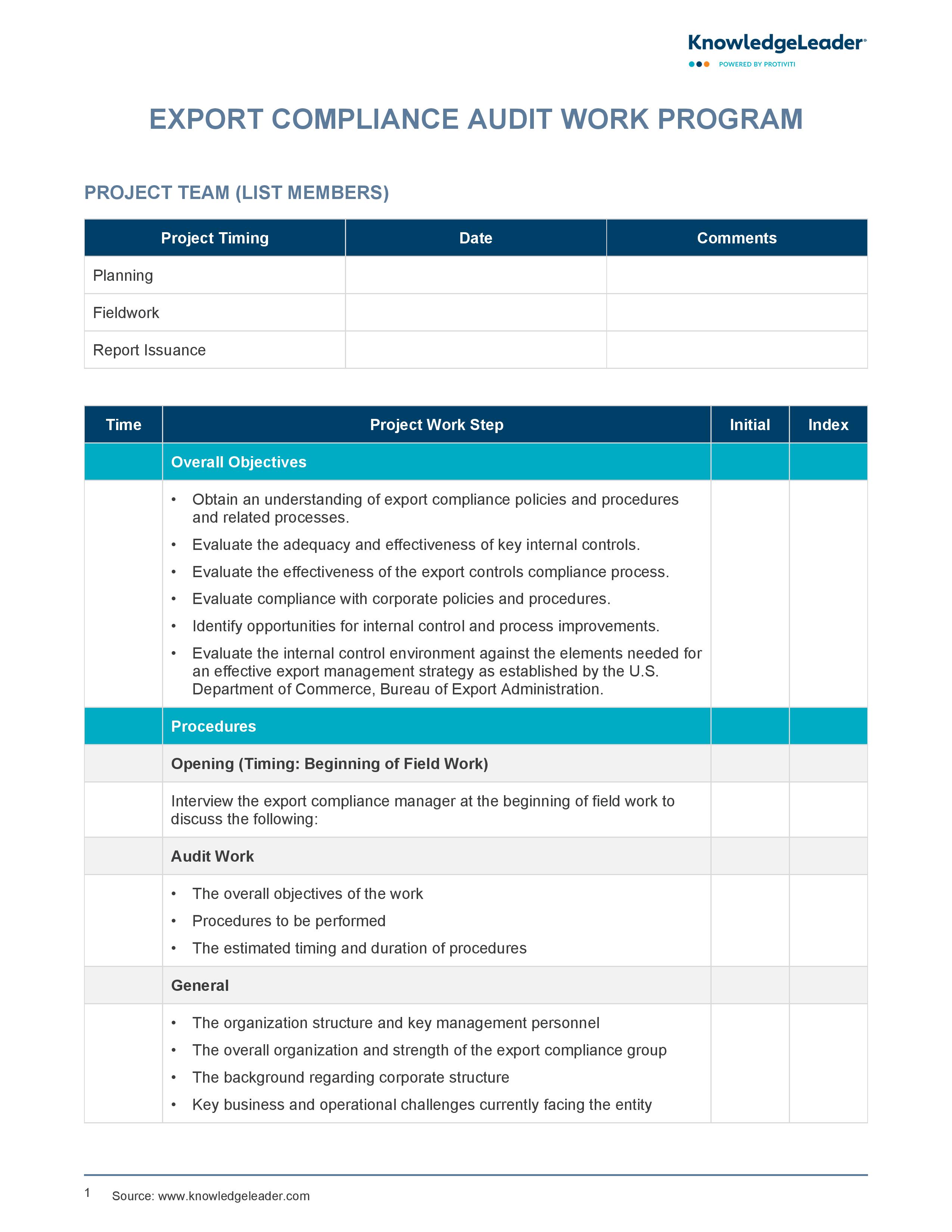 screenshot of the first page of Export Compliance Audit Work Program