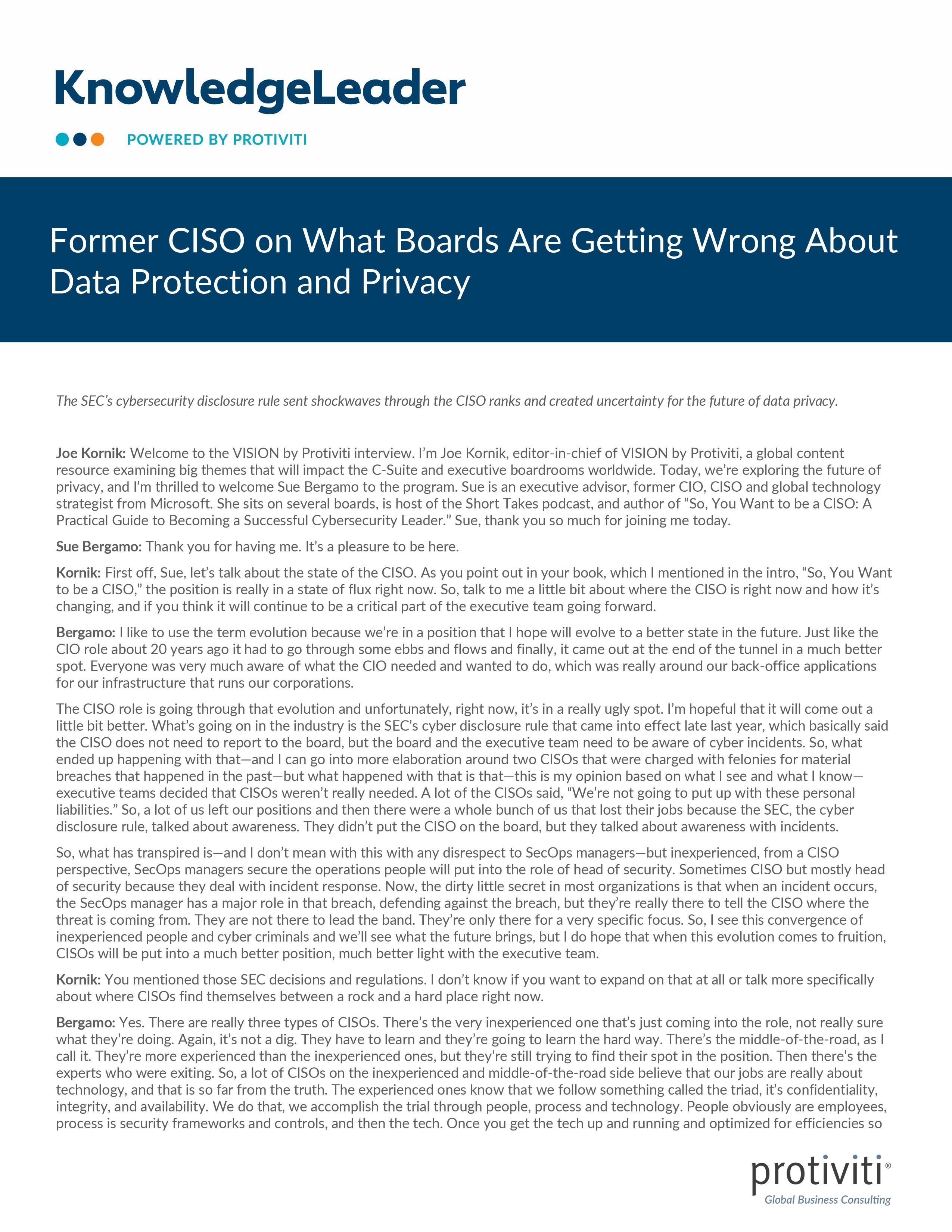 screenshot of the first page of Former CISO on What Boards Are Getting Wrong About Data Protection and Privacy
