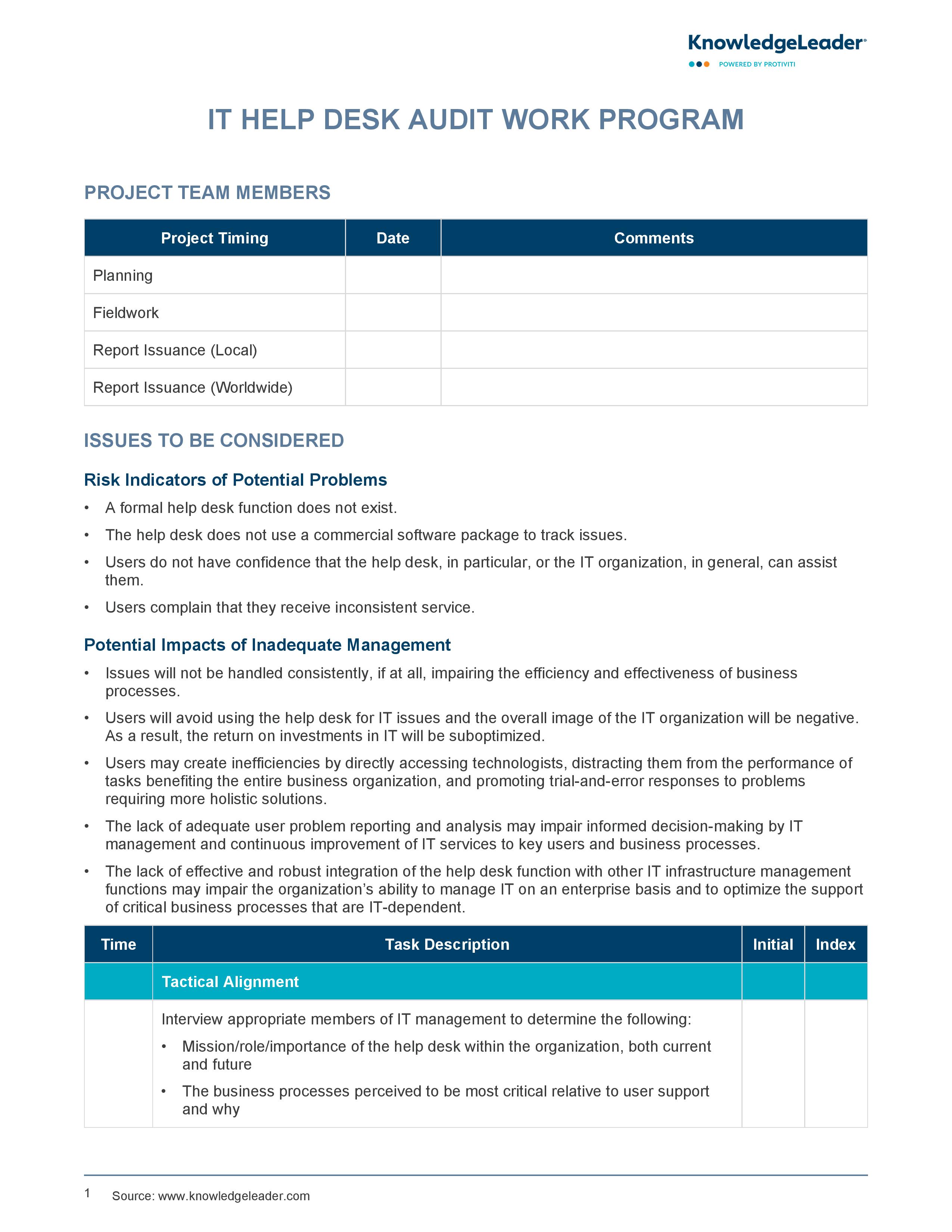 screenshot of the first page of IT Help Desk Work Program