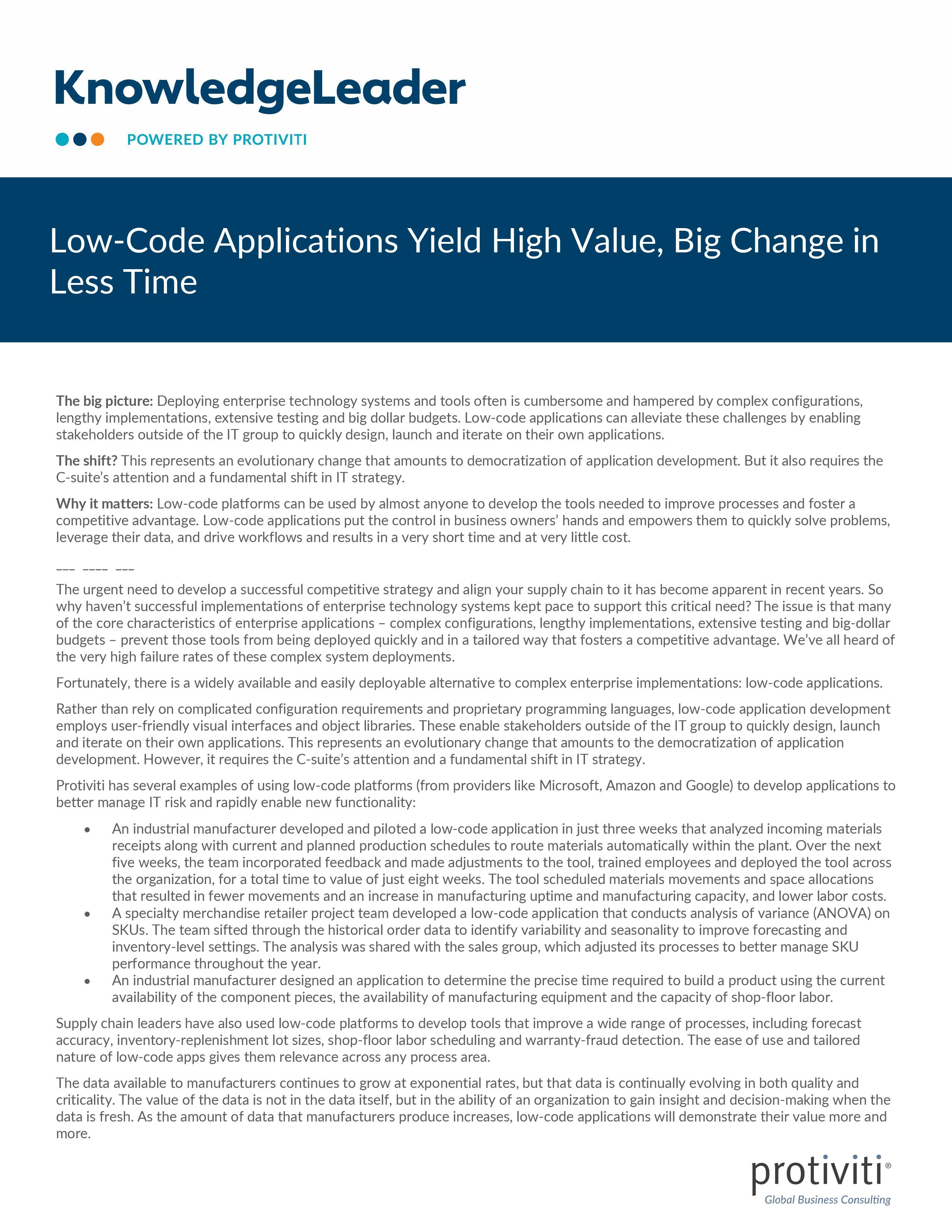screenshot of the first page of Low-Code Applications Yield High Value, Big Change in Less Time