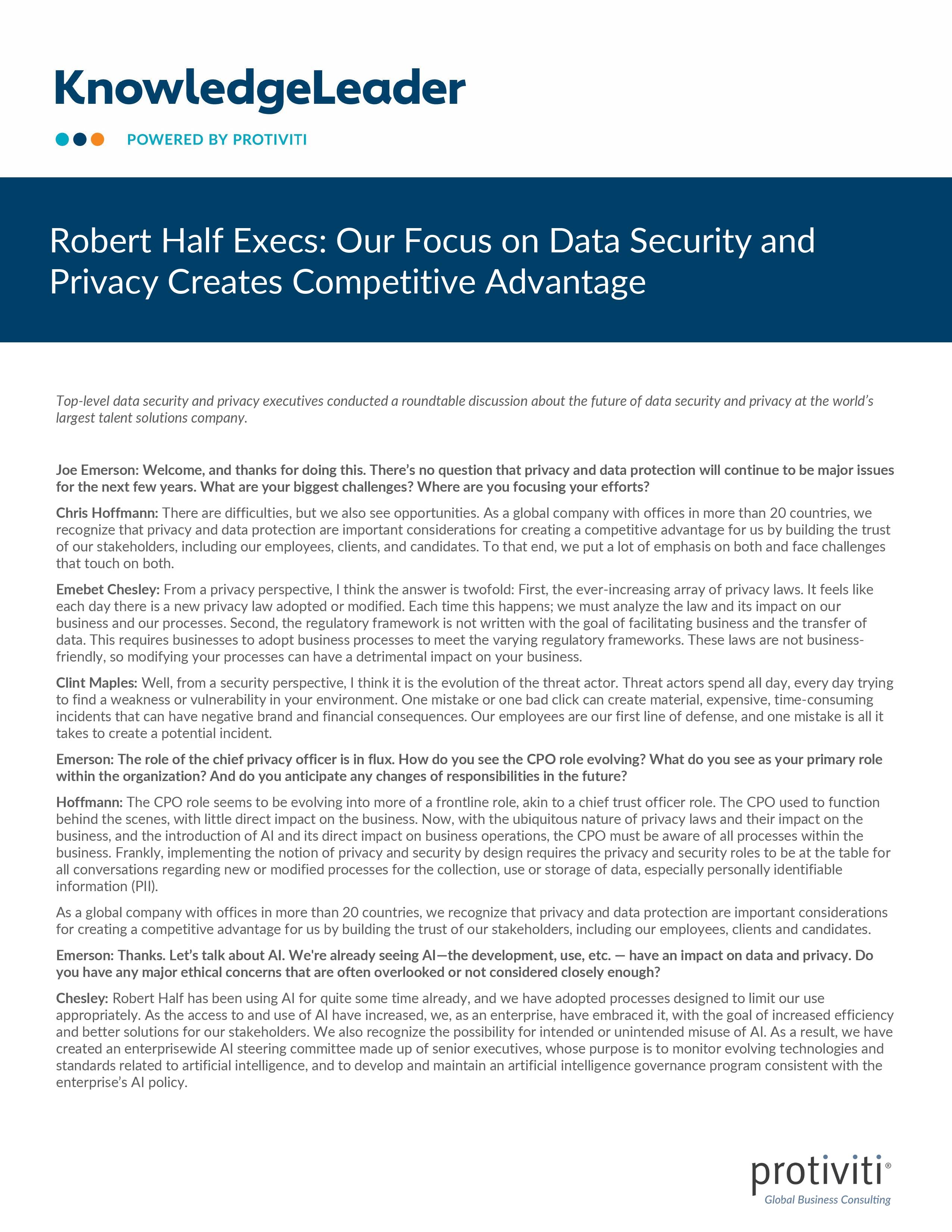 screenshot of the first page of Robert Half Execs Our Focus on Data Security and Privacy Creates Competitive Advantage