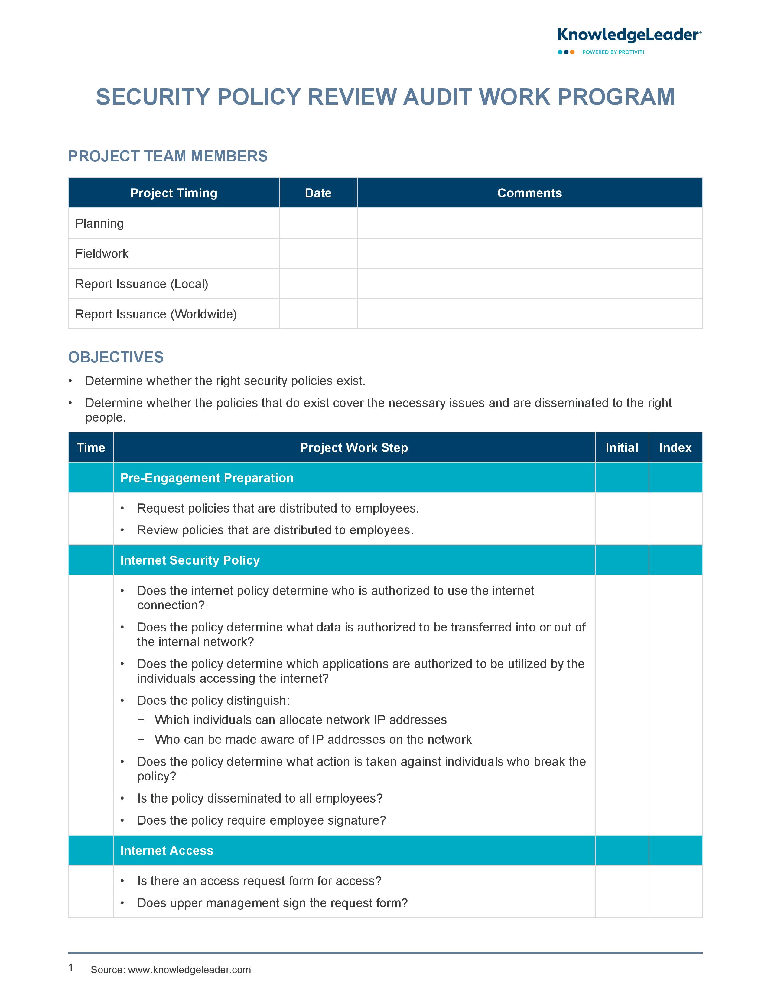 screenshot of the first page of Security Policy Review Work Program