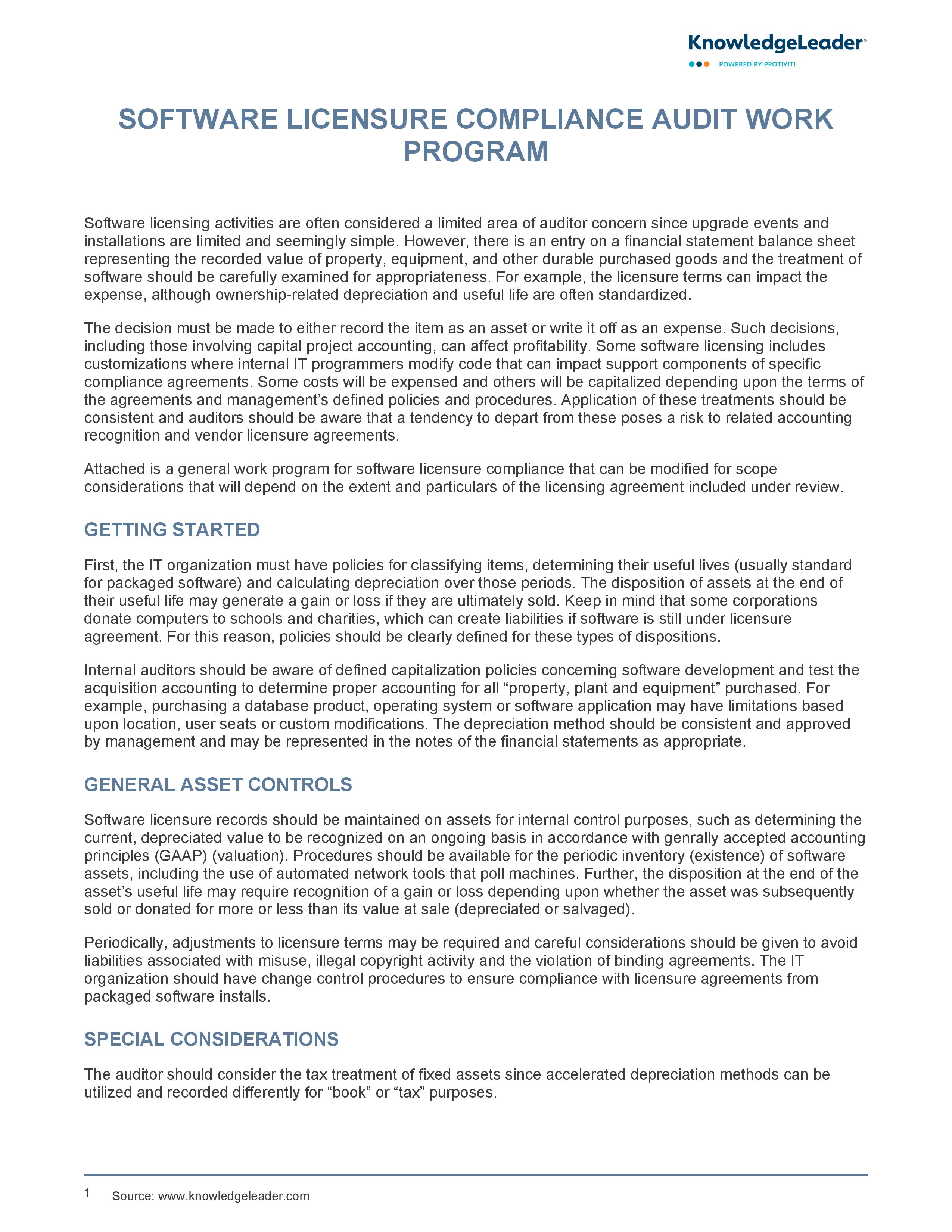 screenshot of the first page of Software Licensure Compliance Audit Work Program