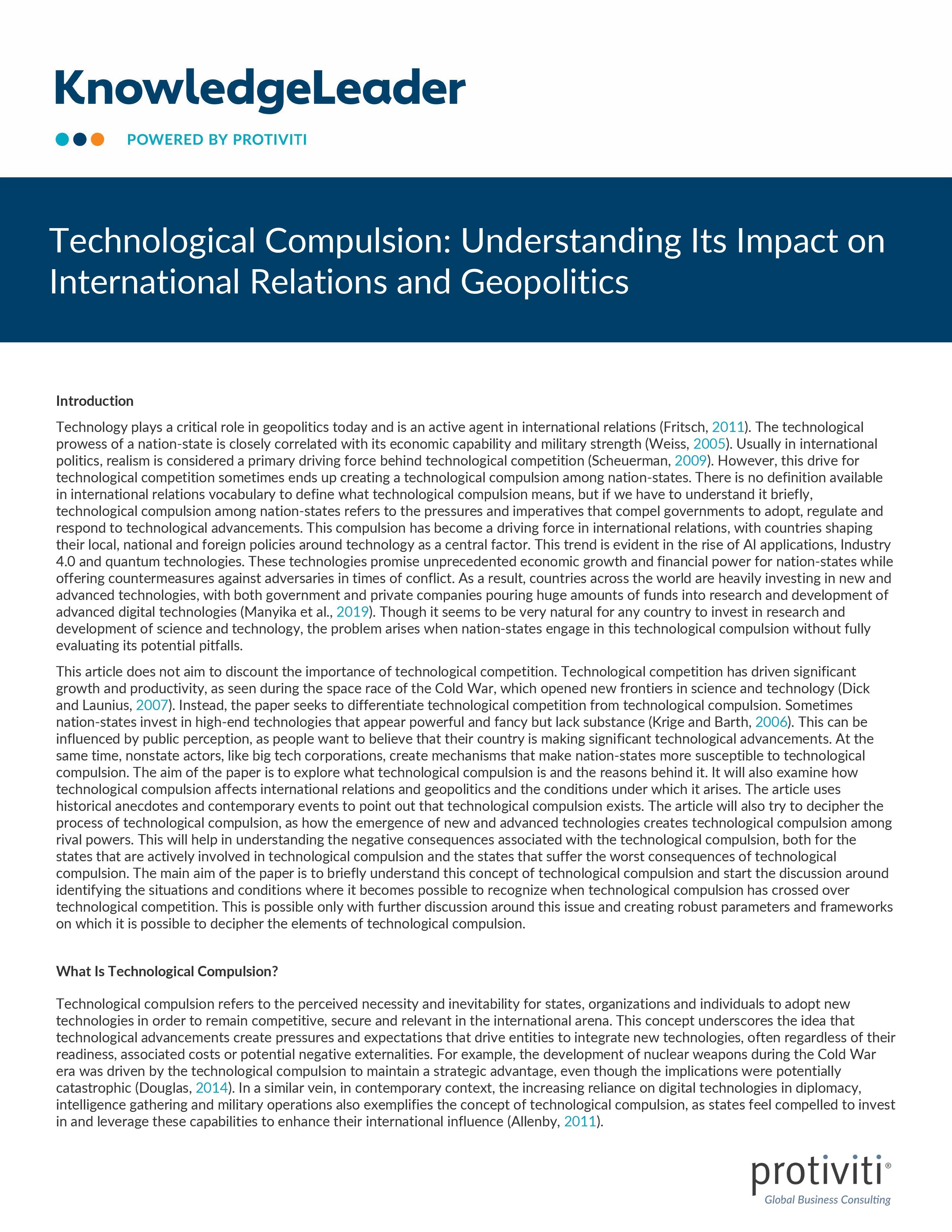 screenshot of the first page of Technological Compulsion Understanding Its Impact on International Relations and Geopolitics