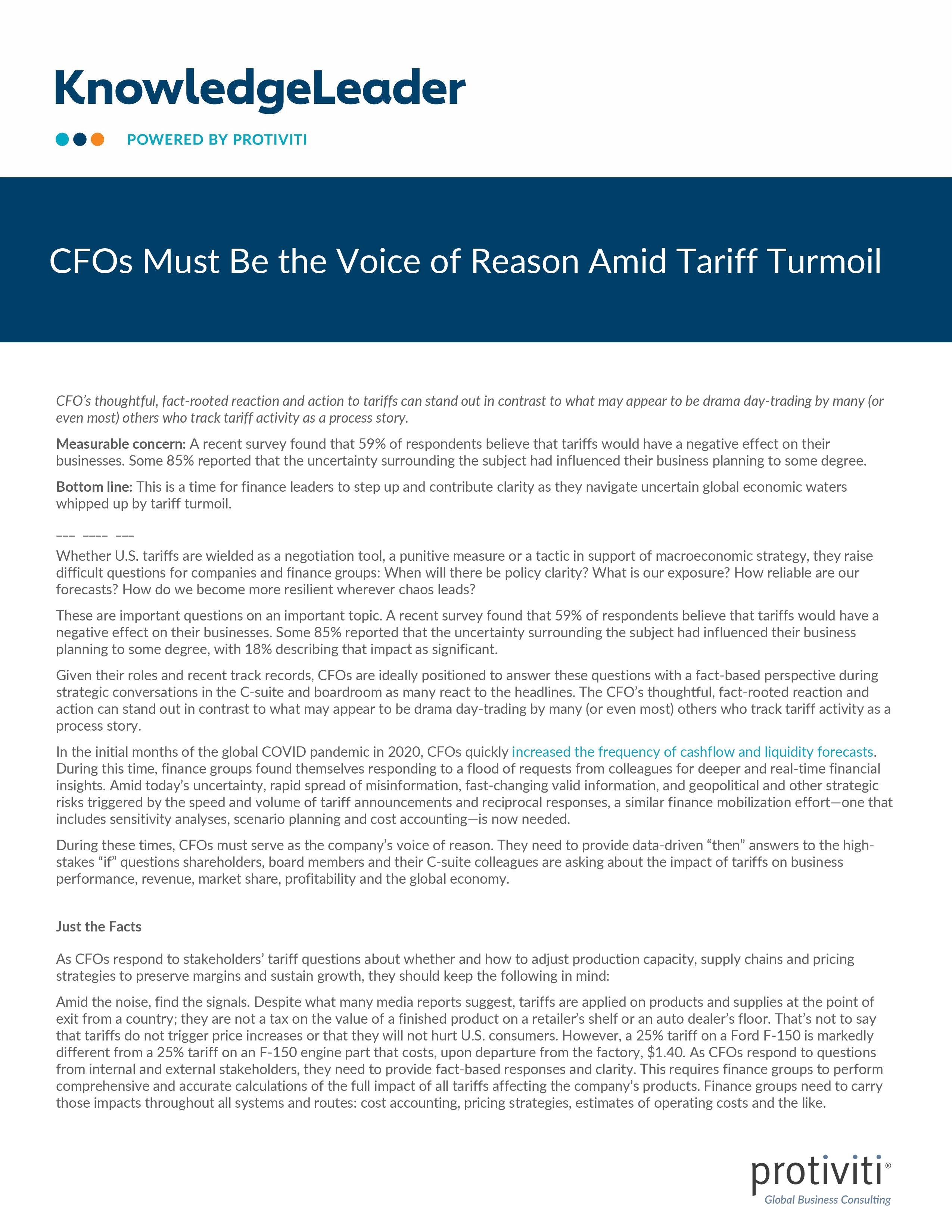 screenshot of the first page of CFOs Must Be the Voice of Reason Amid Tariff Turmoil