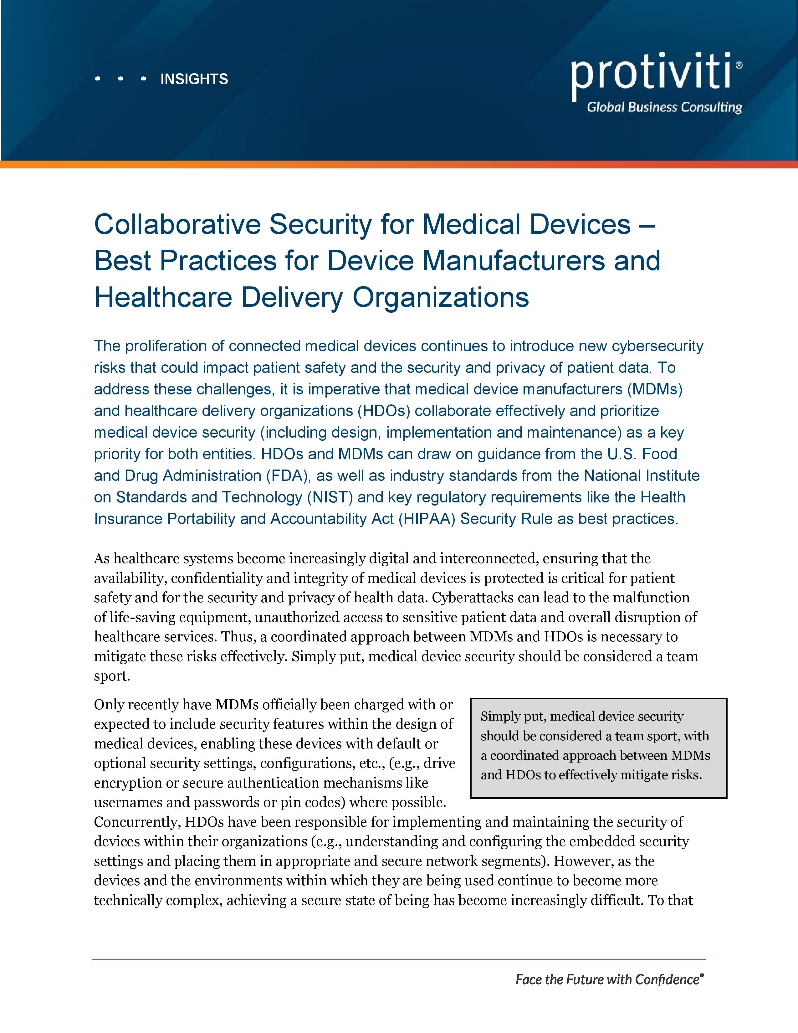 screenshot of the first page of Collaborative Security for Medical Devices – Best Practices for Device Manufacturers and Healthcare Delivery Organizations