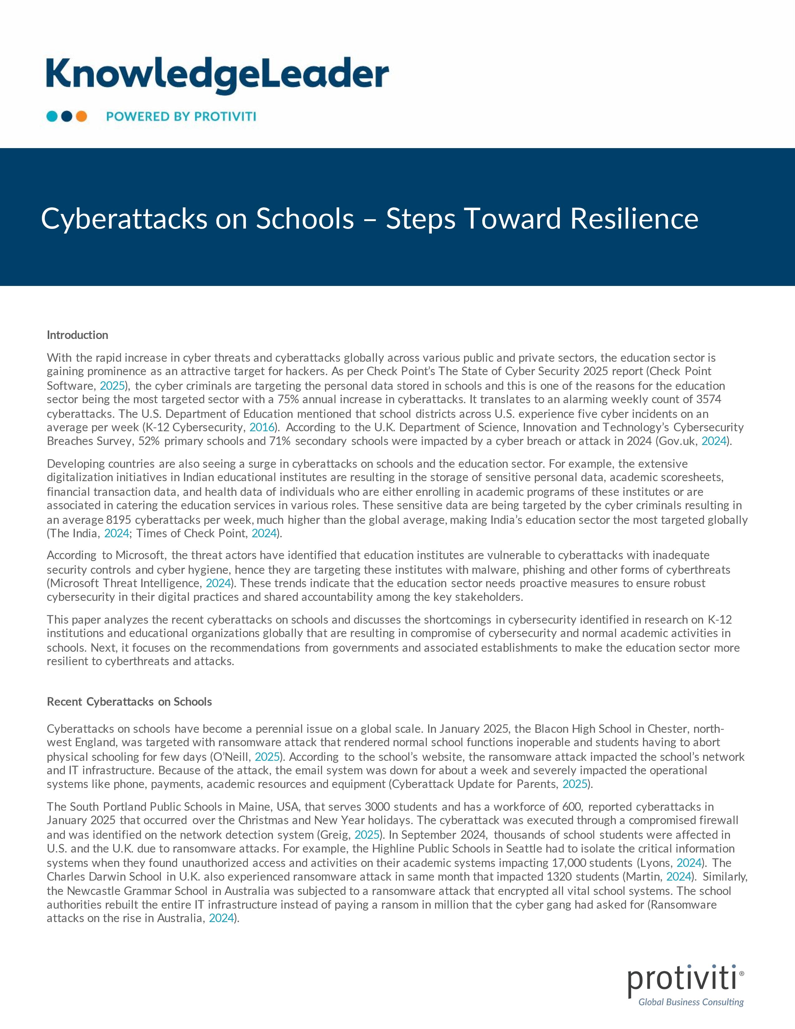 screenshot of the first page of Cyberattacks on Schools – Steps Toward Resilience