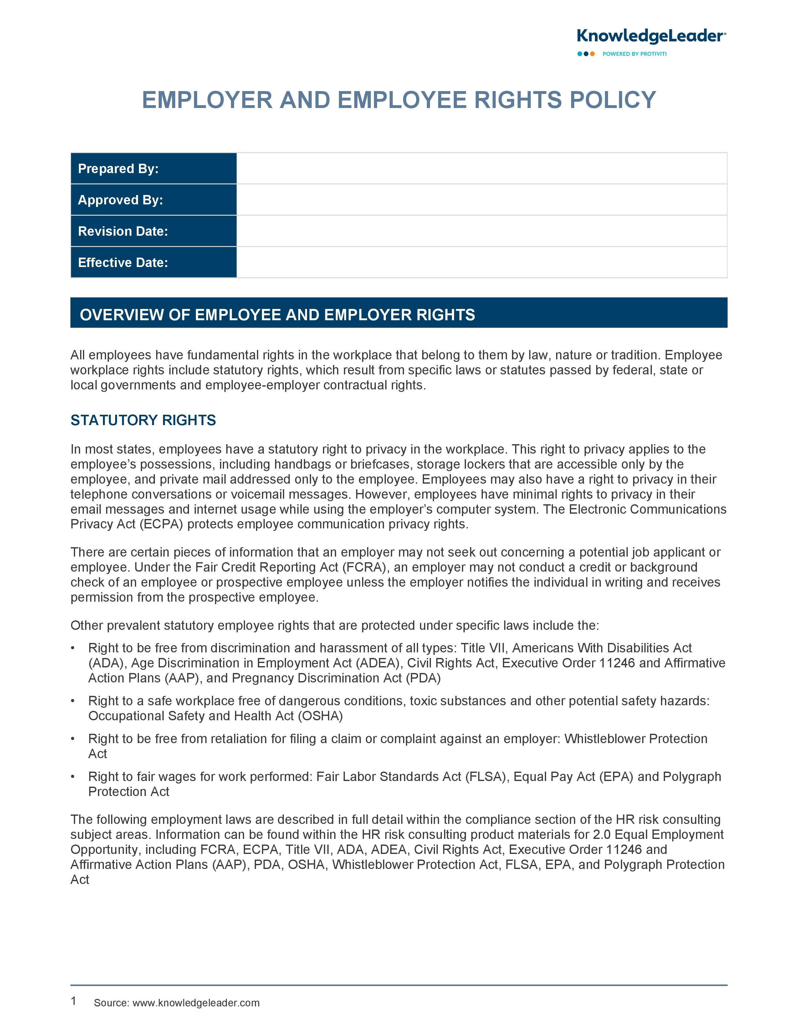 screenshot of the first page of Employer and Employee Rights Policy