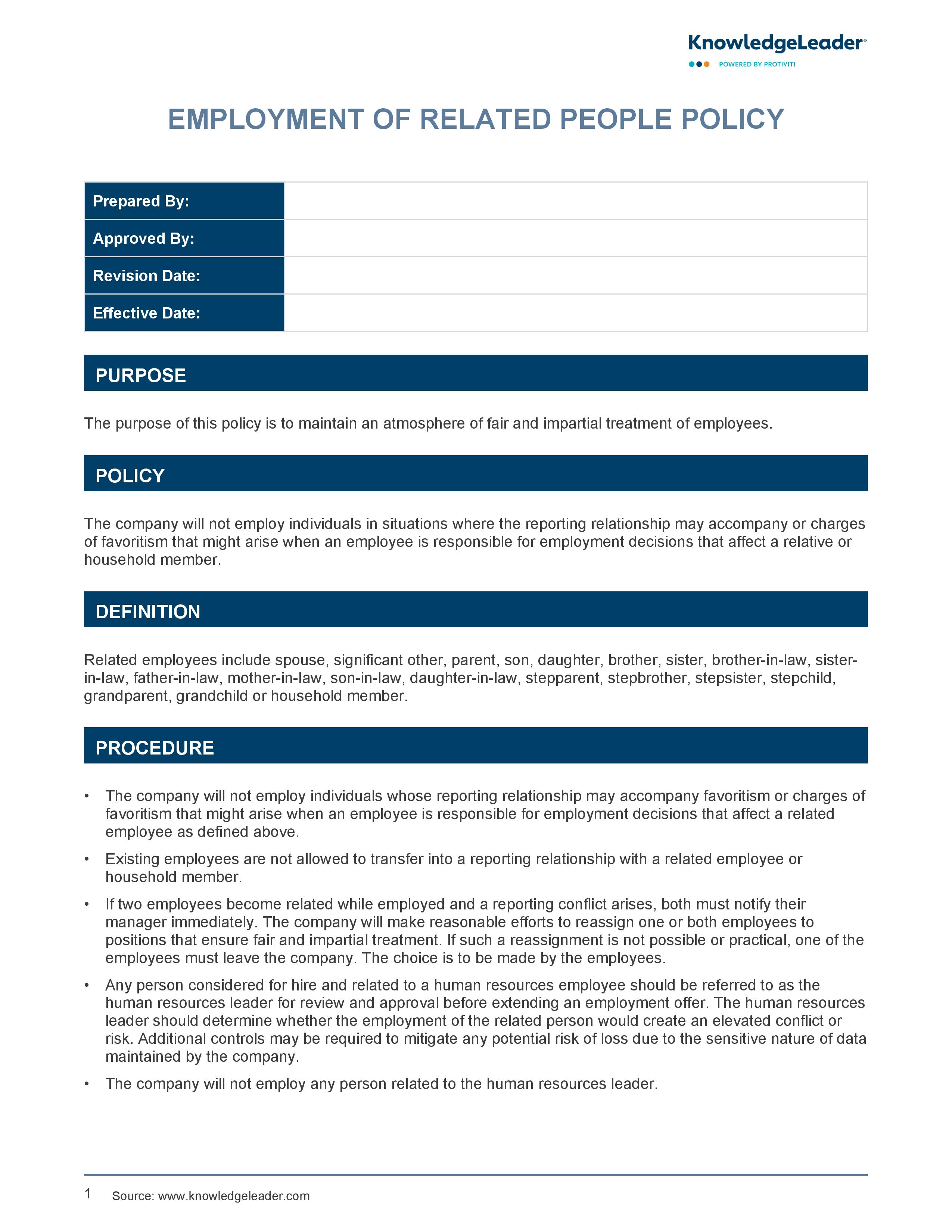 screenshot of the first page of Employment of Related People Policy