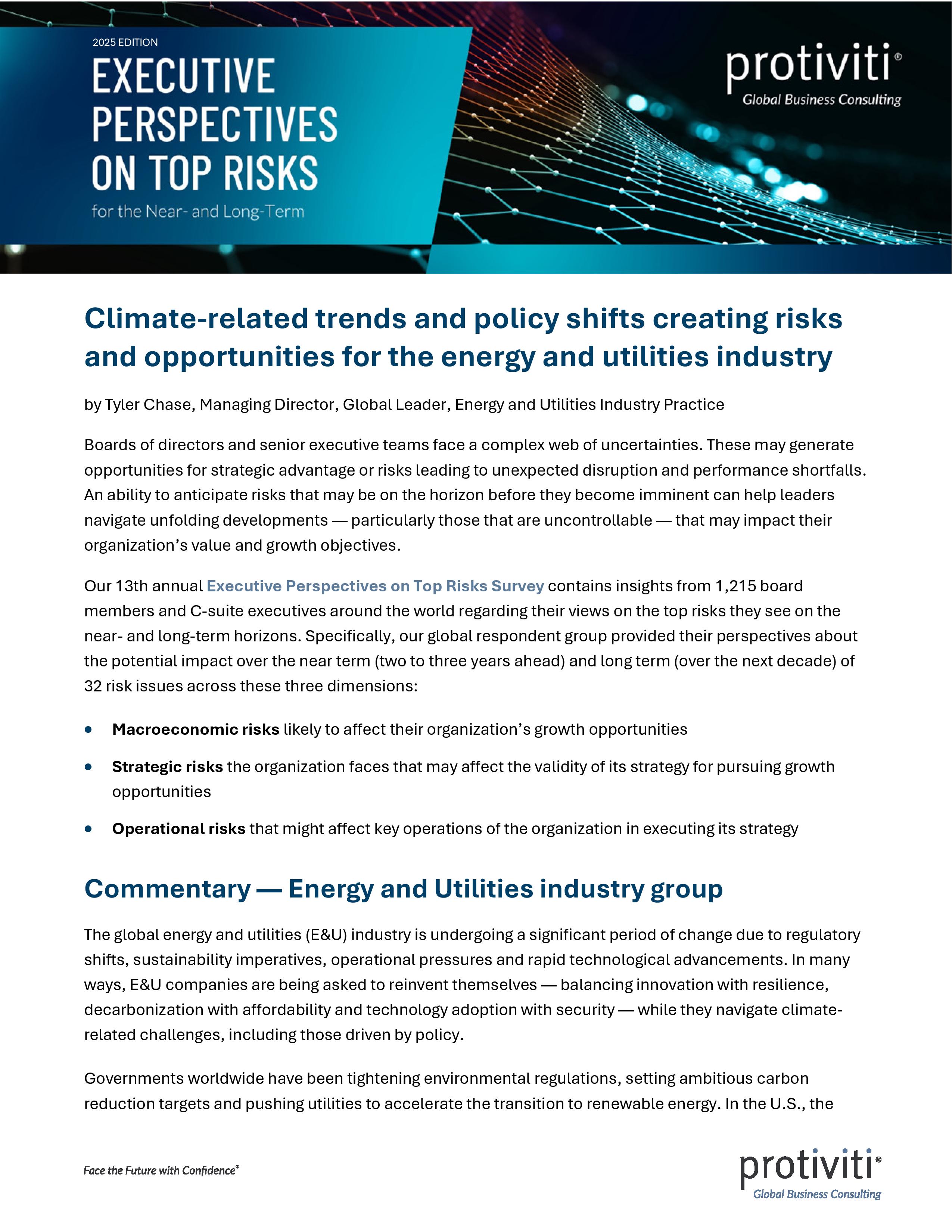 screenshot of the first page of Executive Perspectives on Top Risks for the Near- and Long-Term Energy and Utilities Industry Group Results