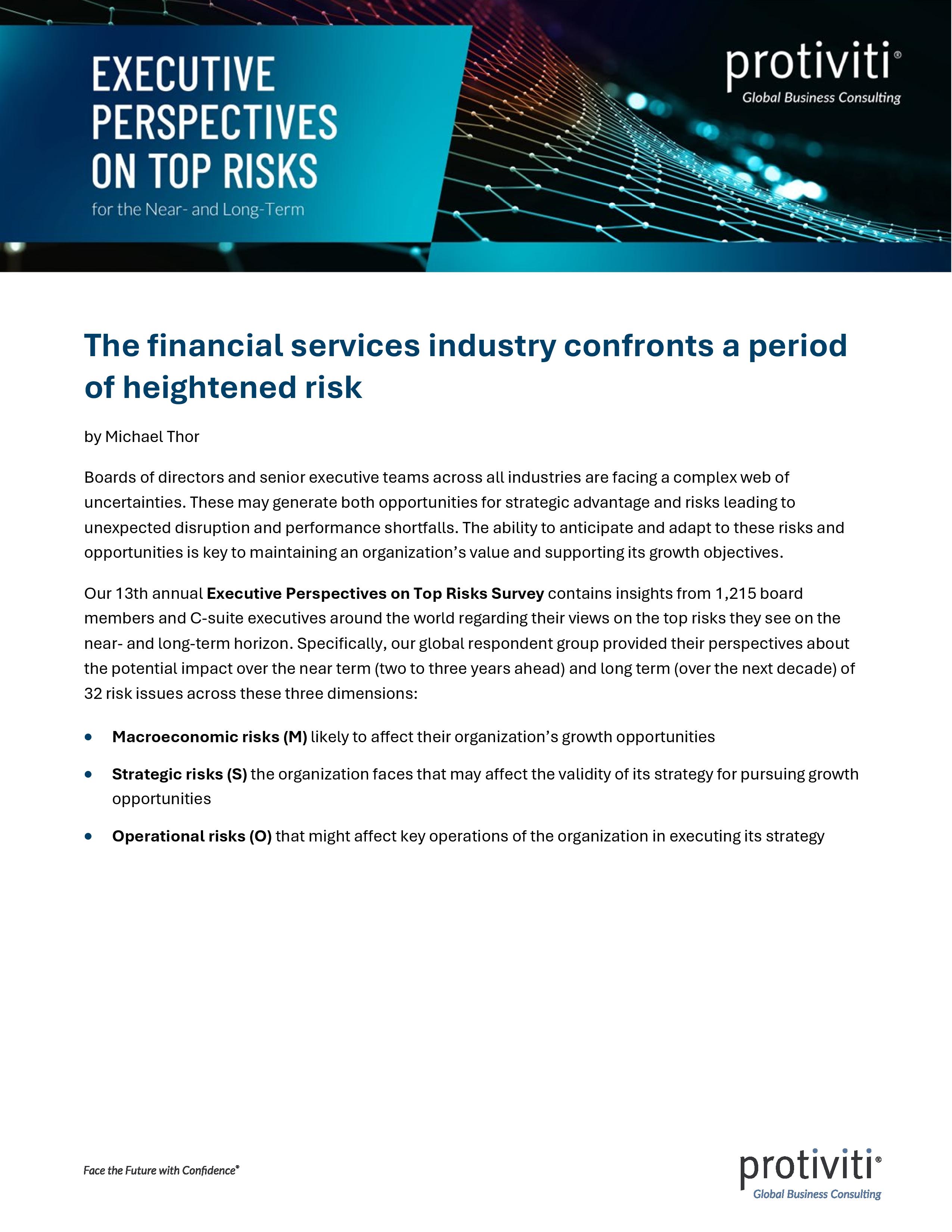 screenshot of the first page of Executive Perspectives on Top Risks for the Near- and Long-Term: Financial Services Industry Group Results