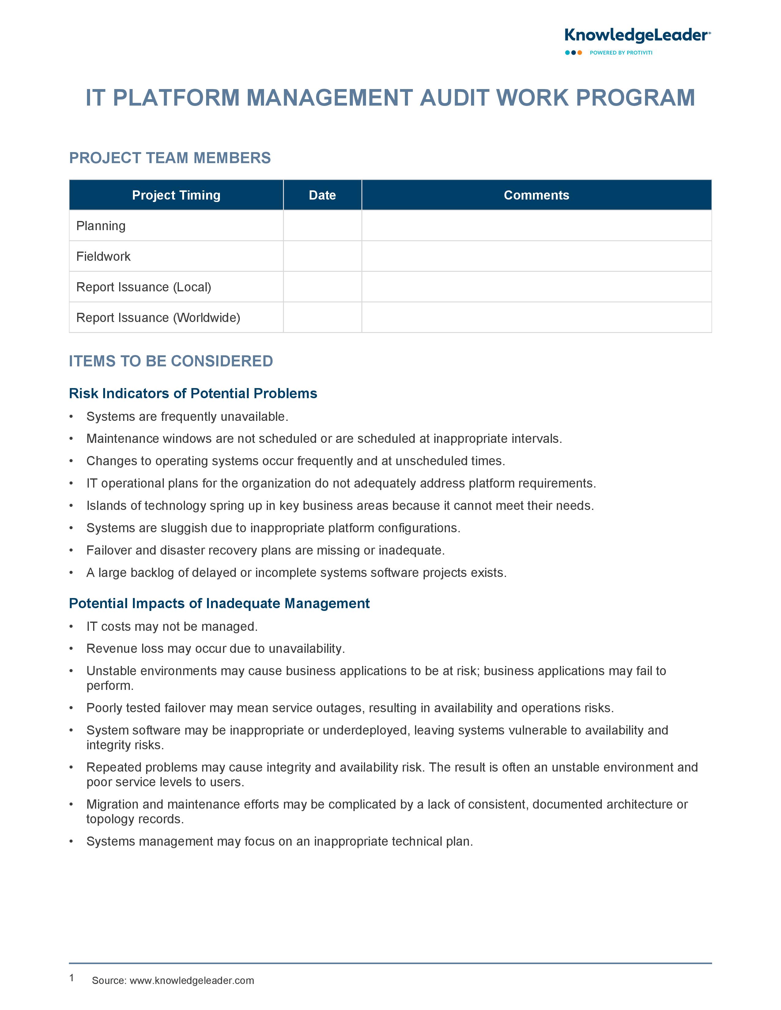 screenshot of the first page of IT Platform Management Audit Work Program