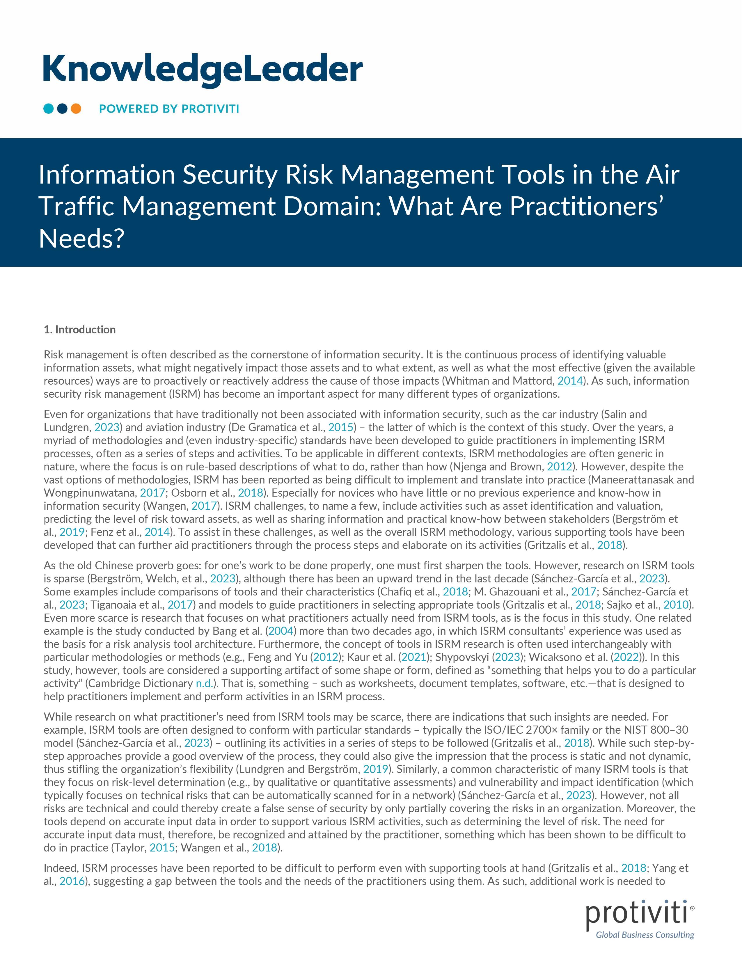 screenshot of the first page of Information Security Risk Management Tools in the Air Traffic Management Domain: What Are Practitioners’ Needs?