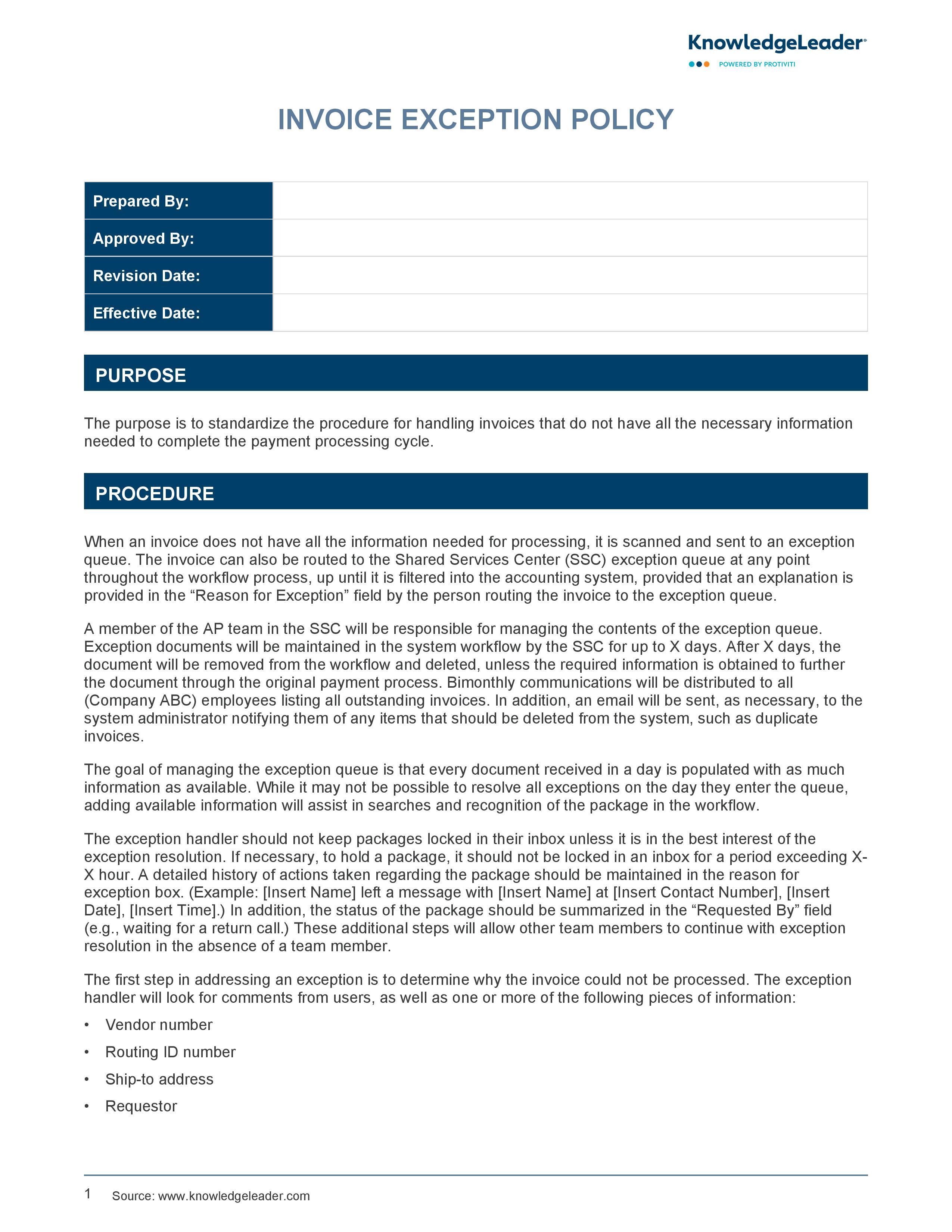 screenshot of the first page of Invoice Exception Policy